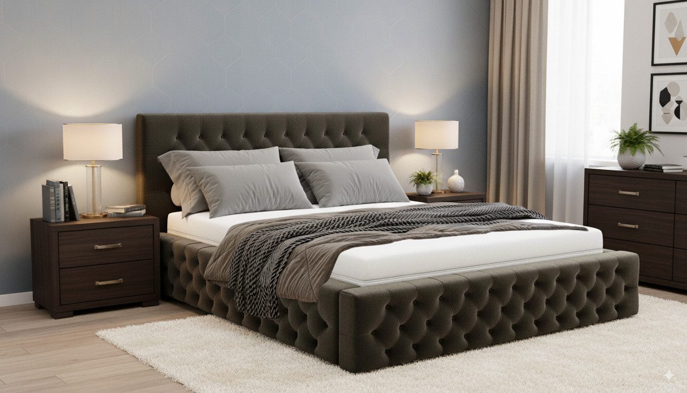 Goldstoff Stauraumbett Samtbezug - Polsterbett mit gesteppter Rückenlehne (Bett mit großen gepolstertem Kopfteil, mit Bettkasten zum aufklappen, Polsterbett), mit gepolstertem Kopfteil, Doppelbett- verfügbar 140x200 160x200 180x200 200x200cm), Verfügbar in 4 Größen - Chesterfield Stil – Modern & Elegant