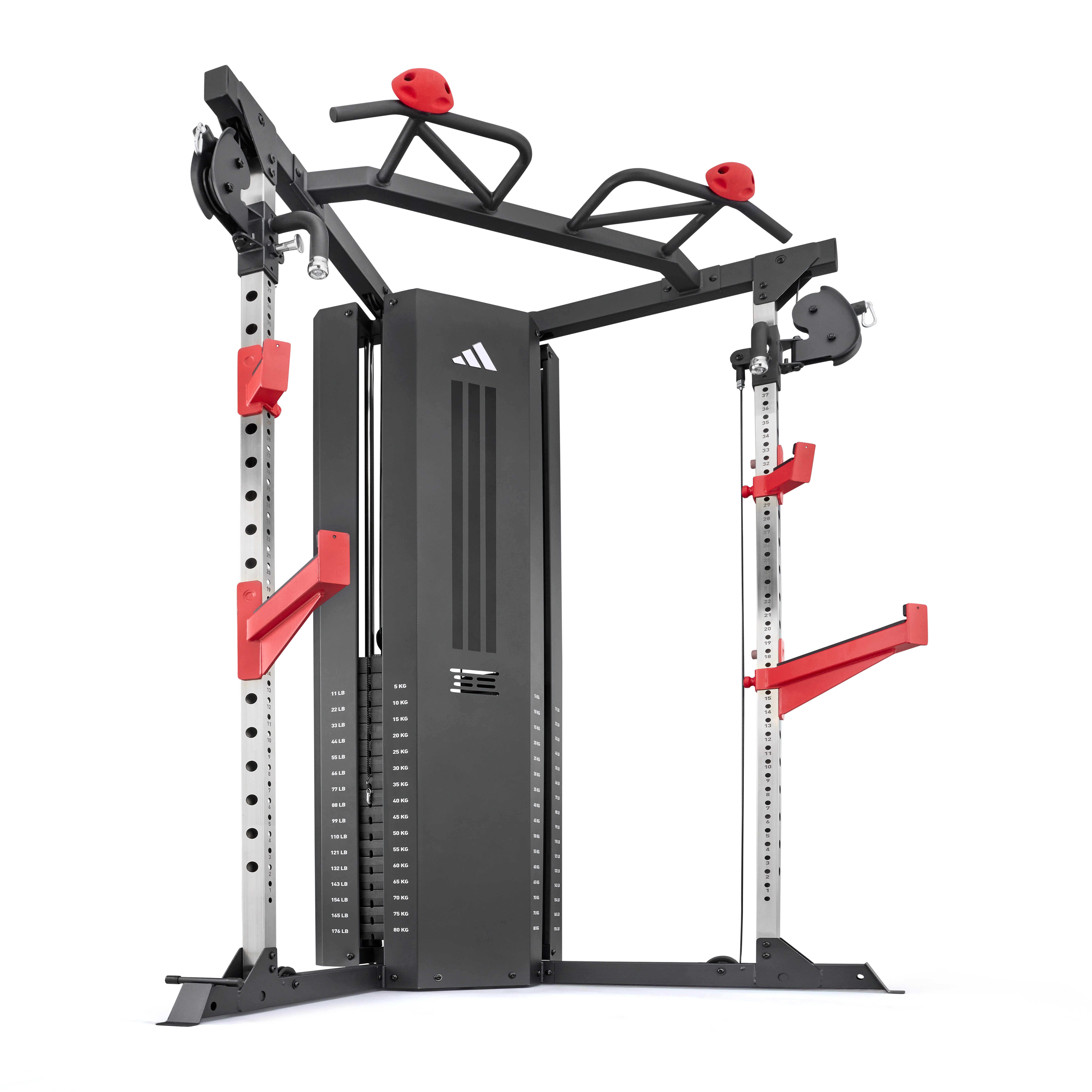 adidas Performance Trainingsstation adidas Cable Crossover - Kabelzugstation mit Rack, 2 Gewichtsblöcke, 2×80 kg Kabelzug, Rack, 40-fach verstellbar & Landmineen)