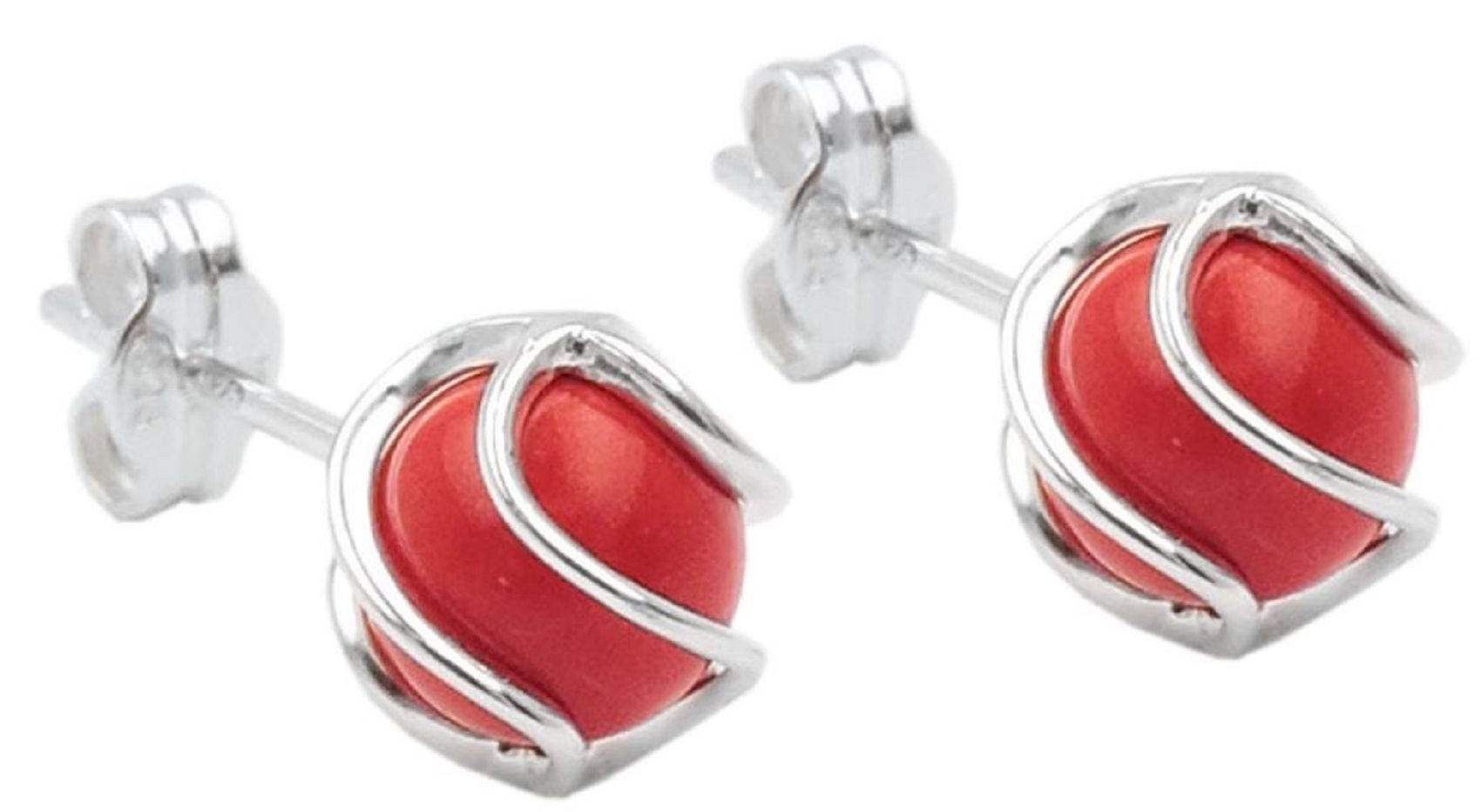 unbespielt Paar Ohrstecker Ohrringe Koralle 7 mm rot matt umwickelt 925 Silber kl. Schmuckbox, Silberschmuck für Damen