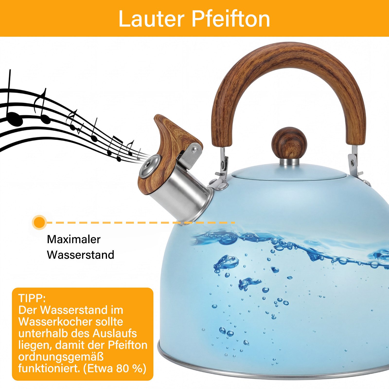 MOPUEA Wasserkessel Pfeifkessel 3L Edelstahl Wasserkessel mit Pfeifton Holzgriff Induktion, (1-tlg., Verbesserte Version 3 Liter), pfeifende Teekanne geeignet für alle Herdarten Teekessel groß