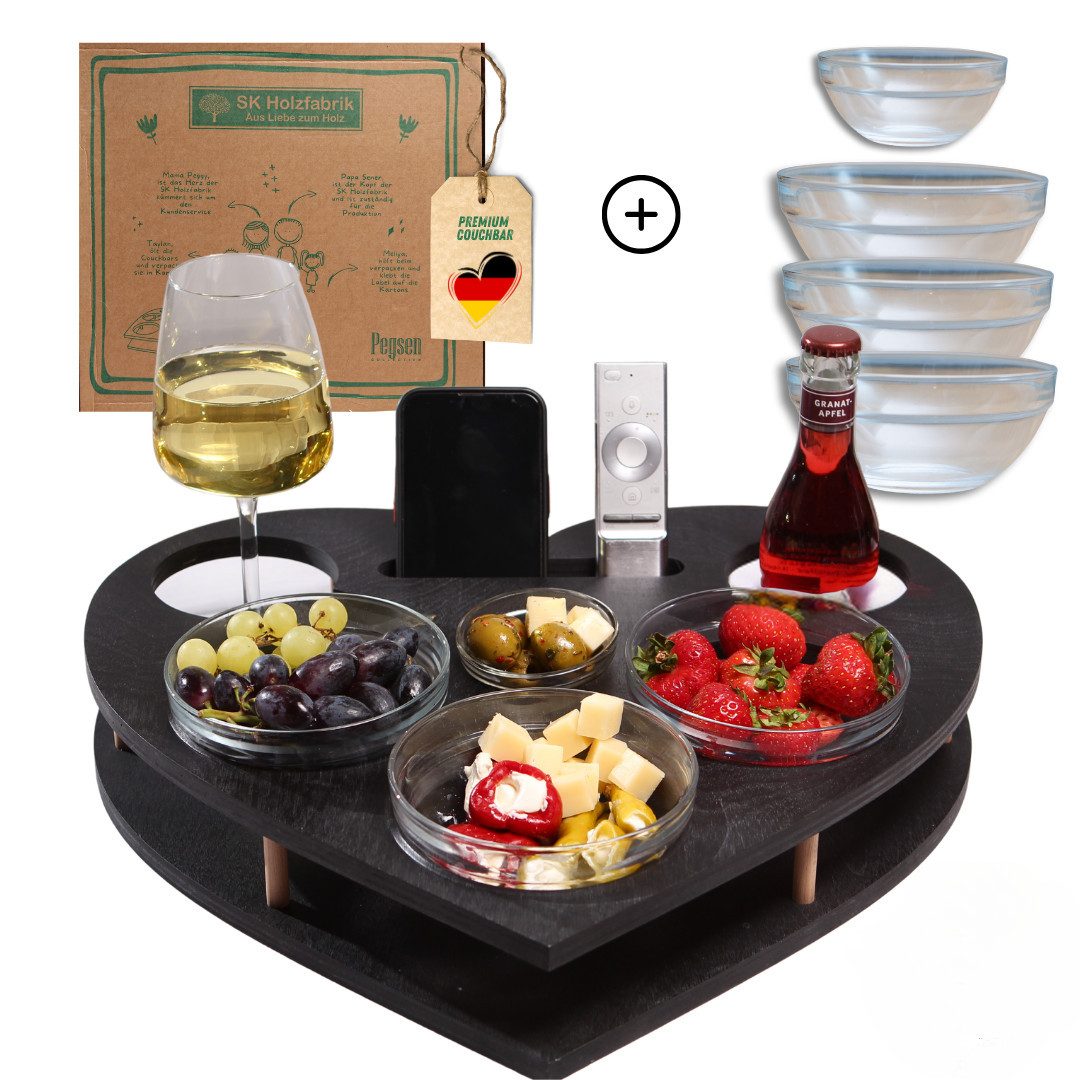 PEGSEN Servierplatte Couchbar Snackbox Herz mit 4 Snackschalen Sofa Tablett, Birkenholz, (Geschenkset inkl. Geschenkkarton, 5-tlg., lebensmittelechte Glasschalen), passend für Kaffeetassen, Weingläser & 0,5l Flaschen