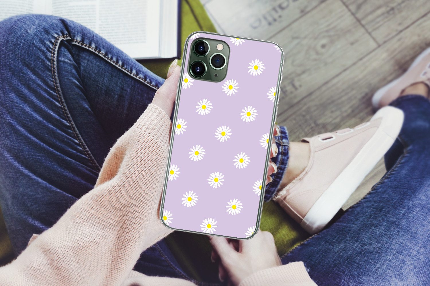 MuchoWow Handyhülle für Apple iPhone 11 Pro Max Gänseblümchen - Pastell - Weiß - Lila - Bl, Smartphone-Bumper, Print, Handy Schutzhülle Dünn