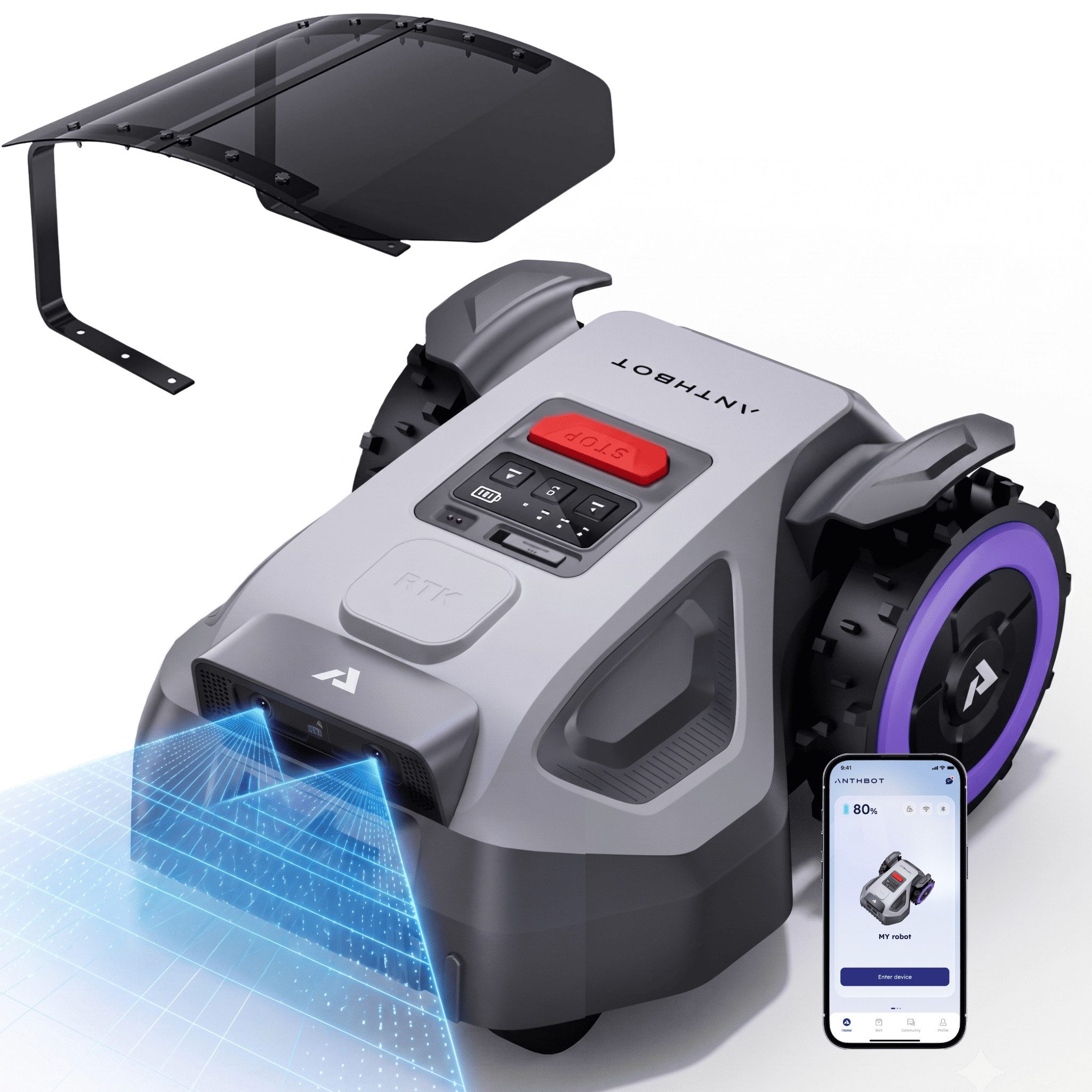 ANTHBOT Rasenmähroboter M5 Serie Ohne Begrenzungskabel mit RTK-Navigation & HDR-Dual-Vision, bis 700 m² Rasenfläche, (mit 4G-Modul, Schnitthöhe per App), Steigungen bis zu 45%, aktiver Tierschutz & KI-Hindernisvermeidung