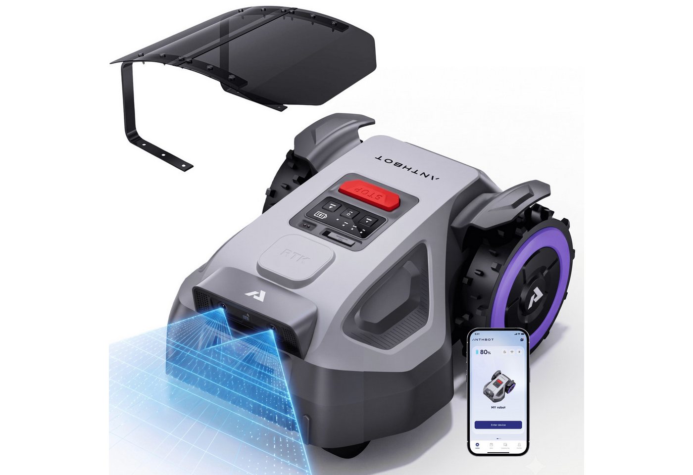 ANTHBOT Rasenmähroboter M9 Serie Ohne Begrenzungskabel mit RTK-Navigation & HDR-Dual-Vision, bis 1200 m² Rasenfläche, (Max. 1200 m², mit 4G-Modul, Schnitthöhe per App), Steigungen bis zu 45%, aktiver Tierschutz & KI-Hindernisvermeidung