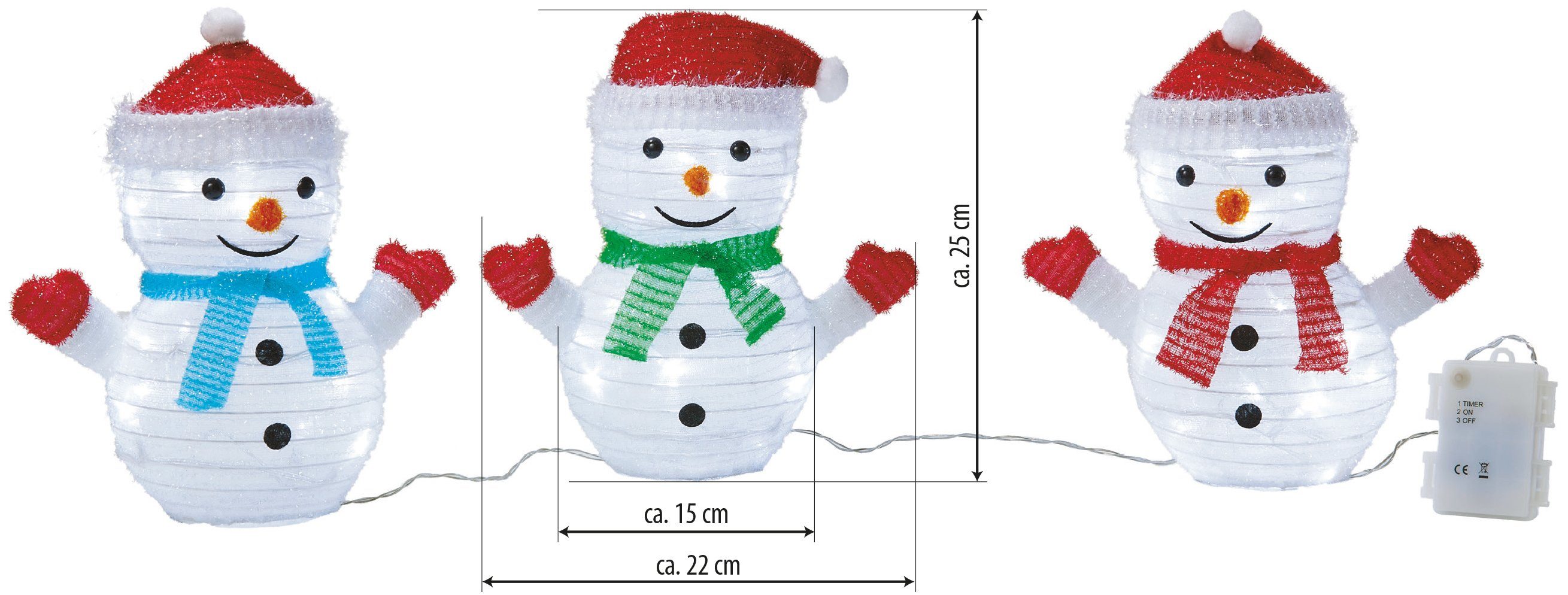 Northpoint Weihnachtsfigur LED Weihnachtsfiguren mit integriertem Timer 3er Set Schneemann, zusammenfaltbar für Innen und Außen Gartendekoration Winterdekoratio – Bild 3 von 5