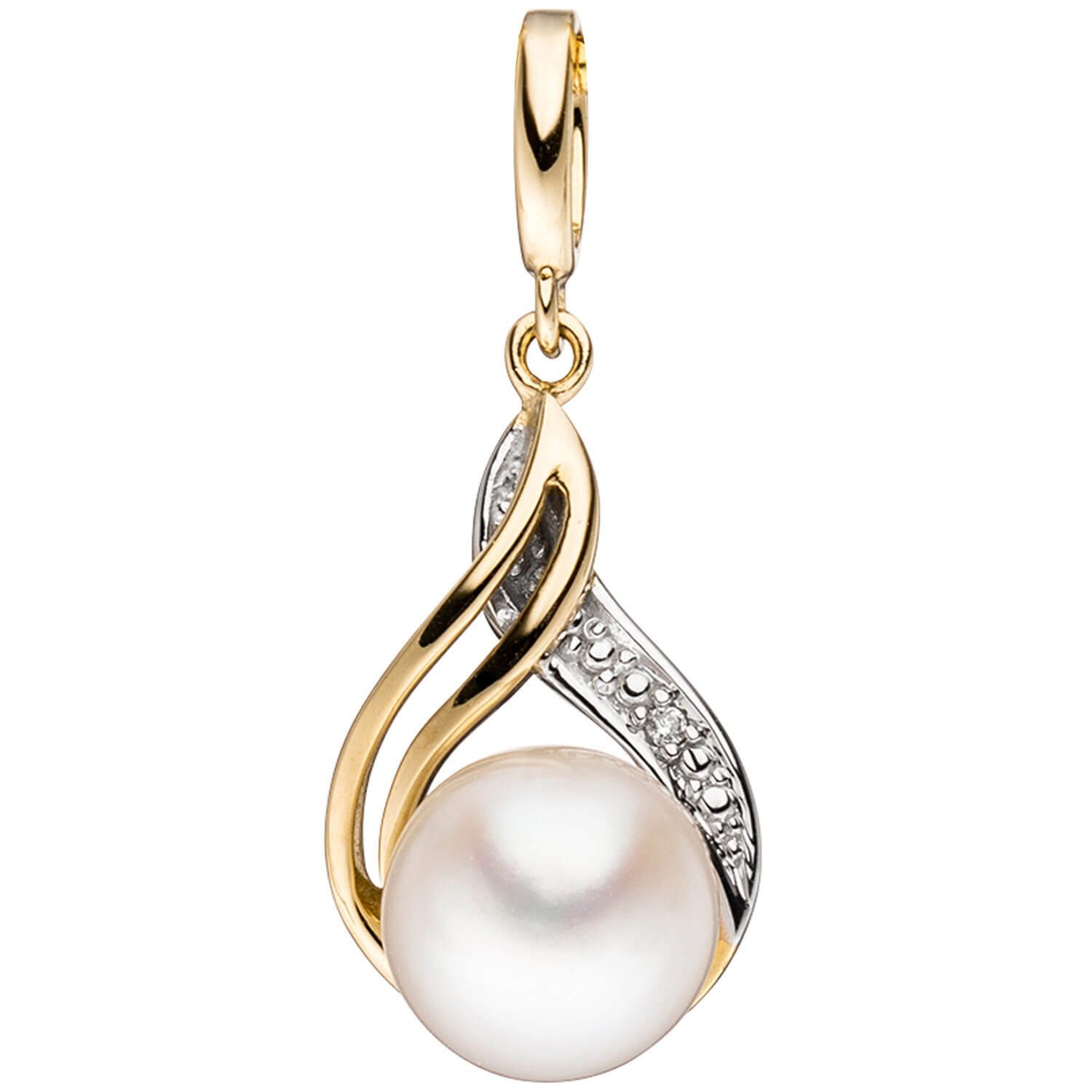 Schmuck Krone Perlenanhänger Anhänger mit Perle & Brillant, 585 Gelbgold, Gold 585