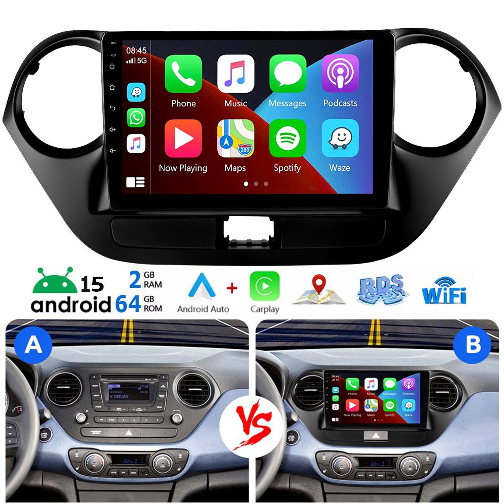ESSGOO DAB+ 64G Android 15 Für Hyundai i10 II IA/BA 2013-2016 Touch Bluetooth Autoradio (DAB+ (optional), 4+64GB(optional), RDS, AM, FM)