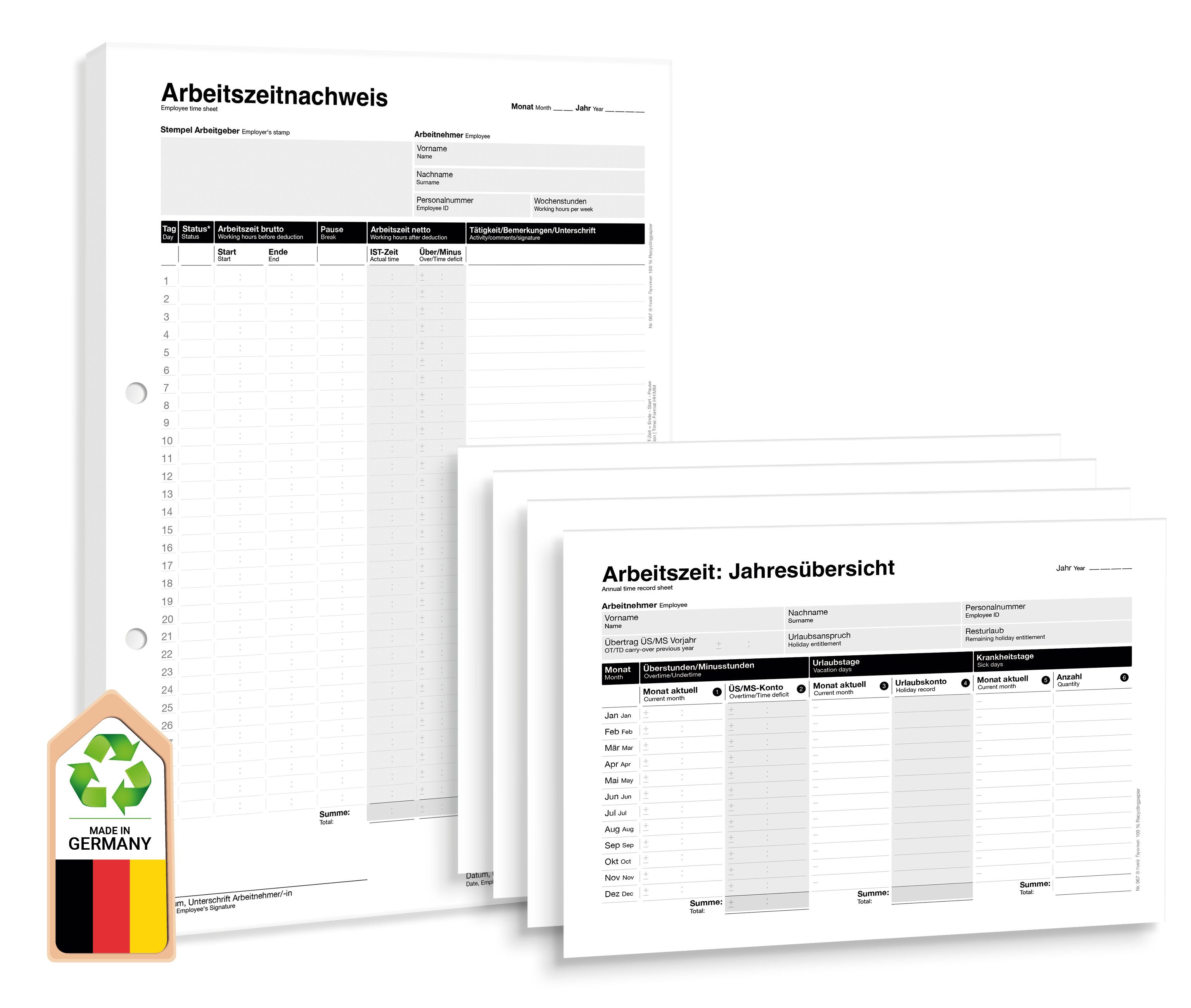 Formularblock Set 50x Zeiterfassung als Block + 4x Jahresübersichten, Stundenbuch