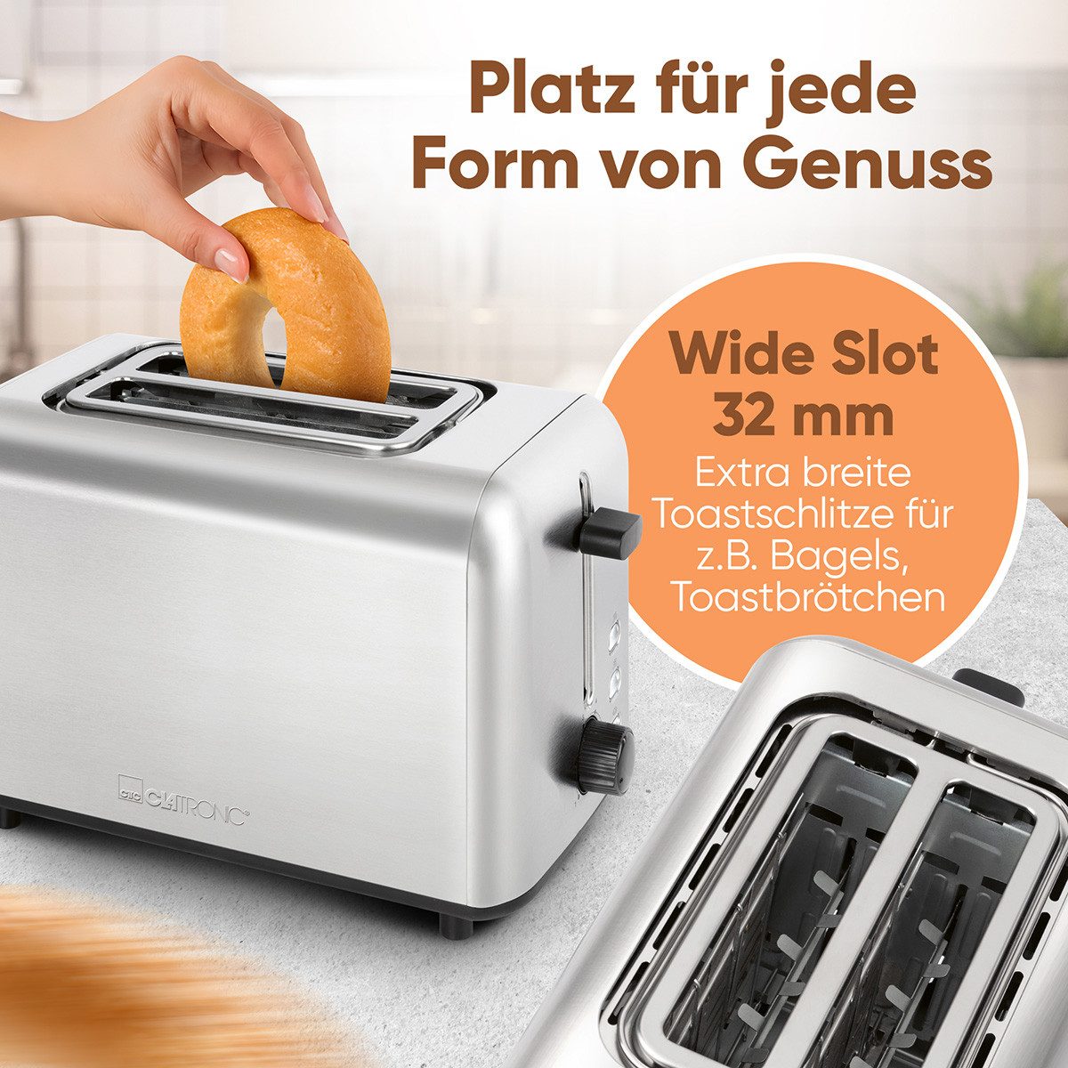 CLATRONIC Toaster TA 3822, Toaster 2 Scheiben, integrierter Brötchenaufsatz