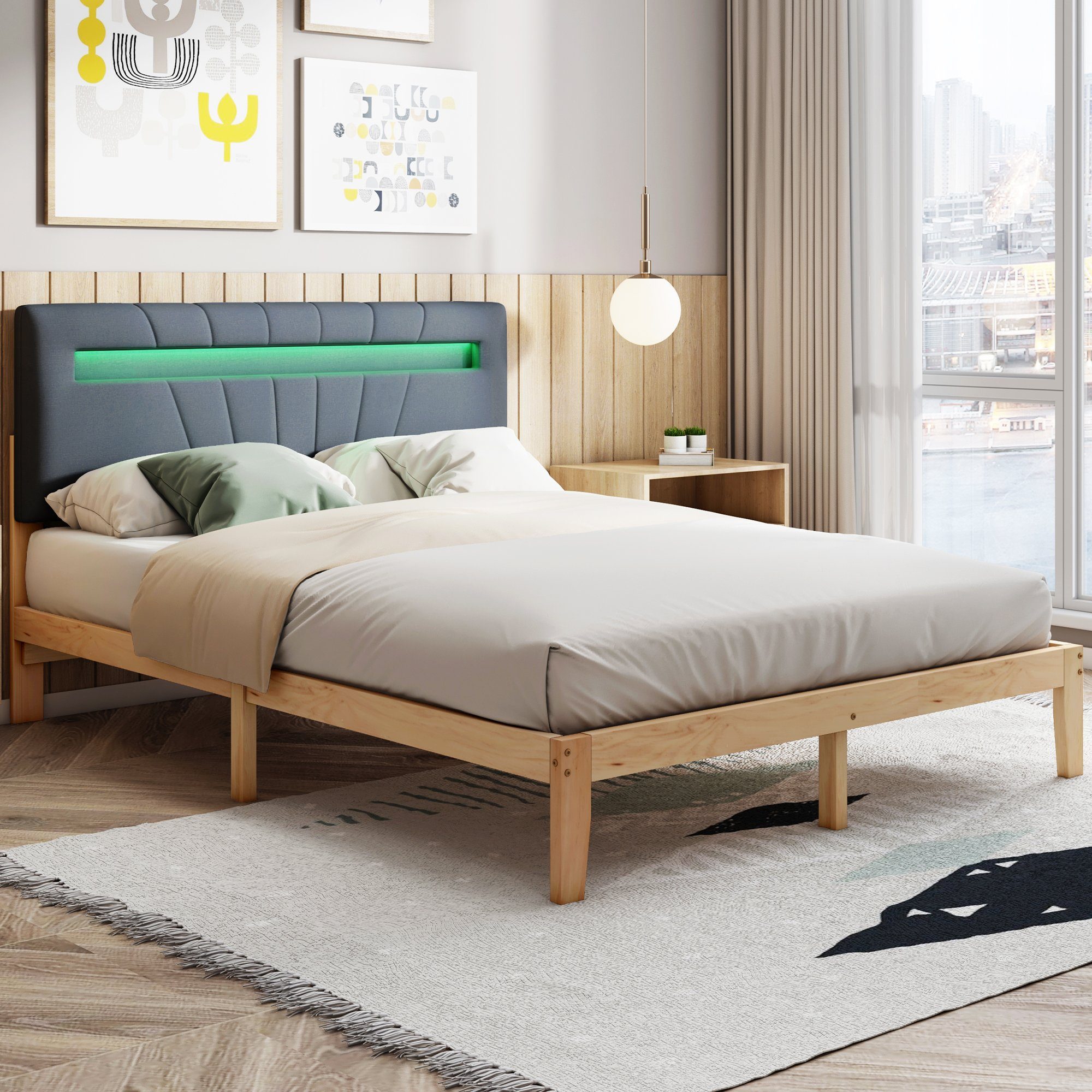 Massivholzbett (Doppelbett Jugendbett), mit LED-Beleuchtung & Polsterkopfteil, 140x200cm