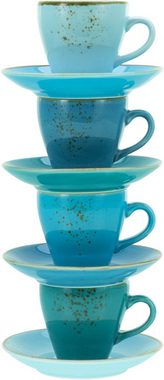 CreaTable Espressotasse Kaffeetasse NATURE COLLECTION Aqua, Steinzeug, Tassen Set, aktuelle Blautöne mit Sprenkel, 4 Tassen, 4 Untertassen