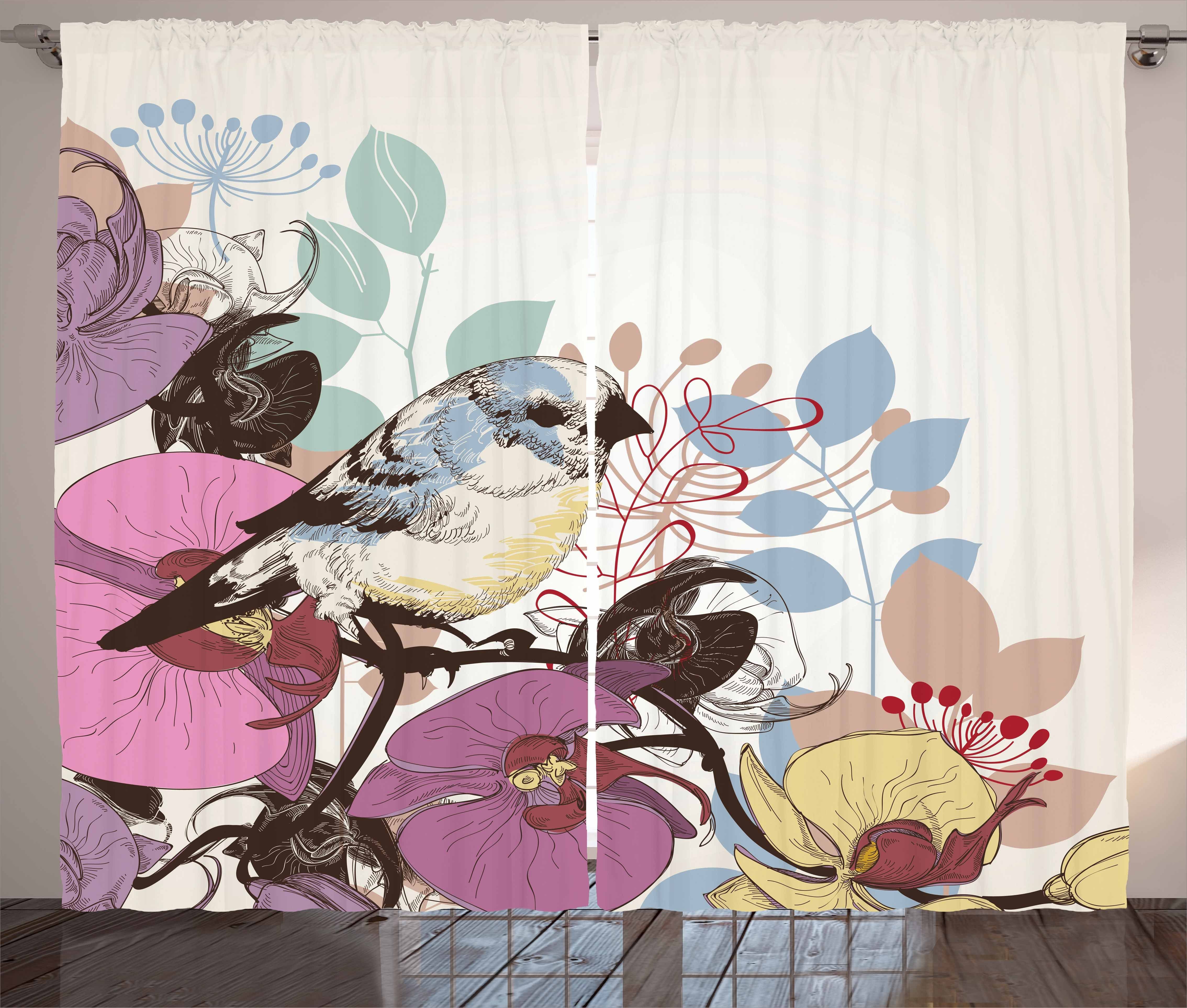 Gardine Schlafzimmer Kräuselband Vorhang mit Schlaufen und Haken, Abakuhaus, Orchideen Vogel auf Blumen