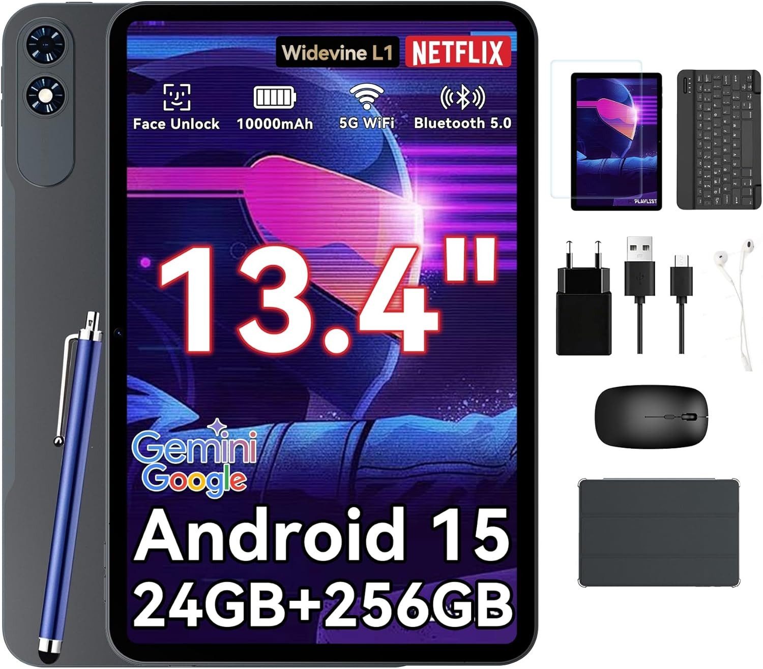 TABWEE 13.4" Android 15 mit Tastatur Maus Stift Kopfhörer 10000mAh Tablet (13.4", 256 GB, Android15, 10000 mAh, Android 15, Gemini AI, mit Zubehör, Kabel-Headset)