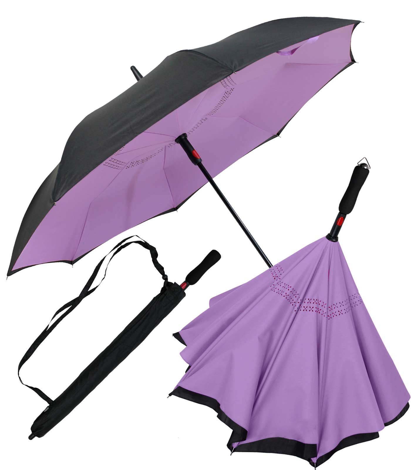 iX-brella Langregenschirm Reverse-Schirm - umgedreht zu öffnen mit Automatik, umgedreht schwarz-helllila