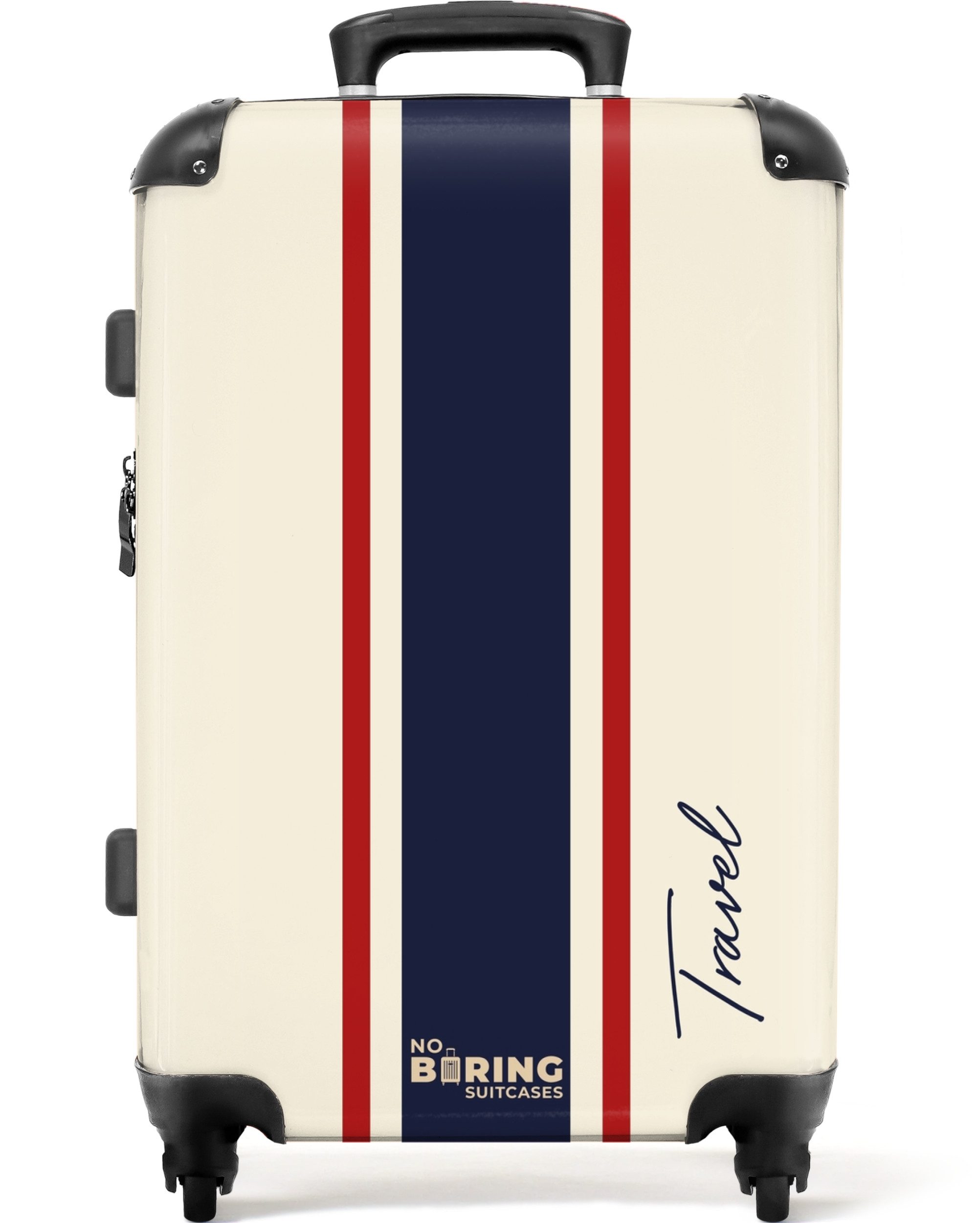 NoBoringSuitcases.com© Hartschalen-Trolley mit leuchtende Räder - Cremefarbener Hintergrund mit zentralem dreifar, 4 Rollen, Koffer Mittelgroß für 20kg, Suitcase für Erwachsene, Reisekoffer