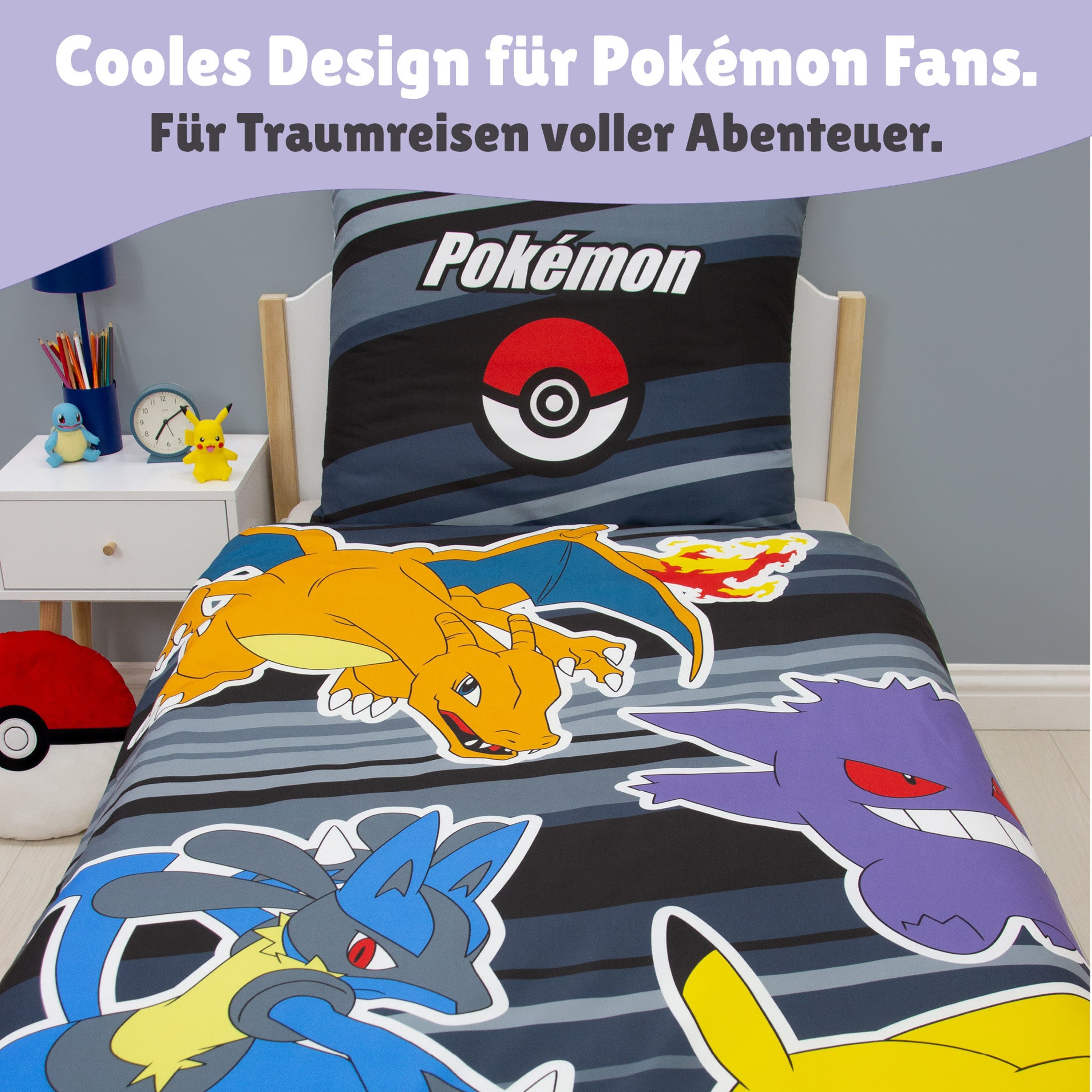 Familando Kinderbettwäsche Pokémon Fire - Set 2-teilig - 135x200 80x80 cm mit Reißverschluss, Microfaser, 2 teilig, mit Pikachu, Wendeseite und Schriftzug