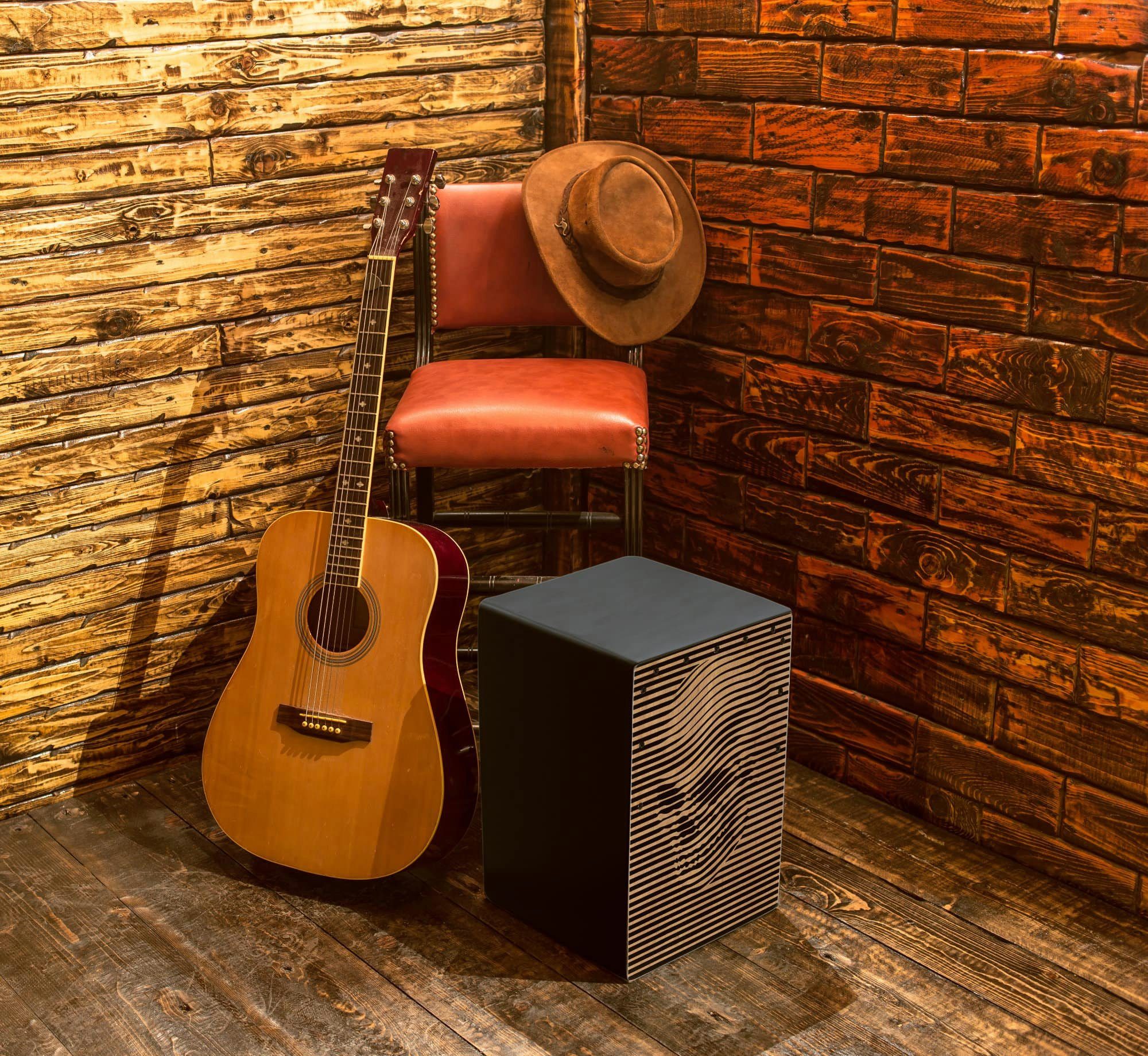 XDrum Cajon Designer-Cajon mit Kunstdruck "Skull", Bass Port & Snare Teppich mit 20 Spiralen