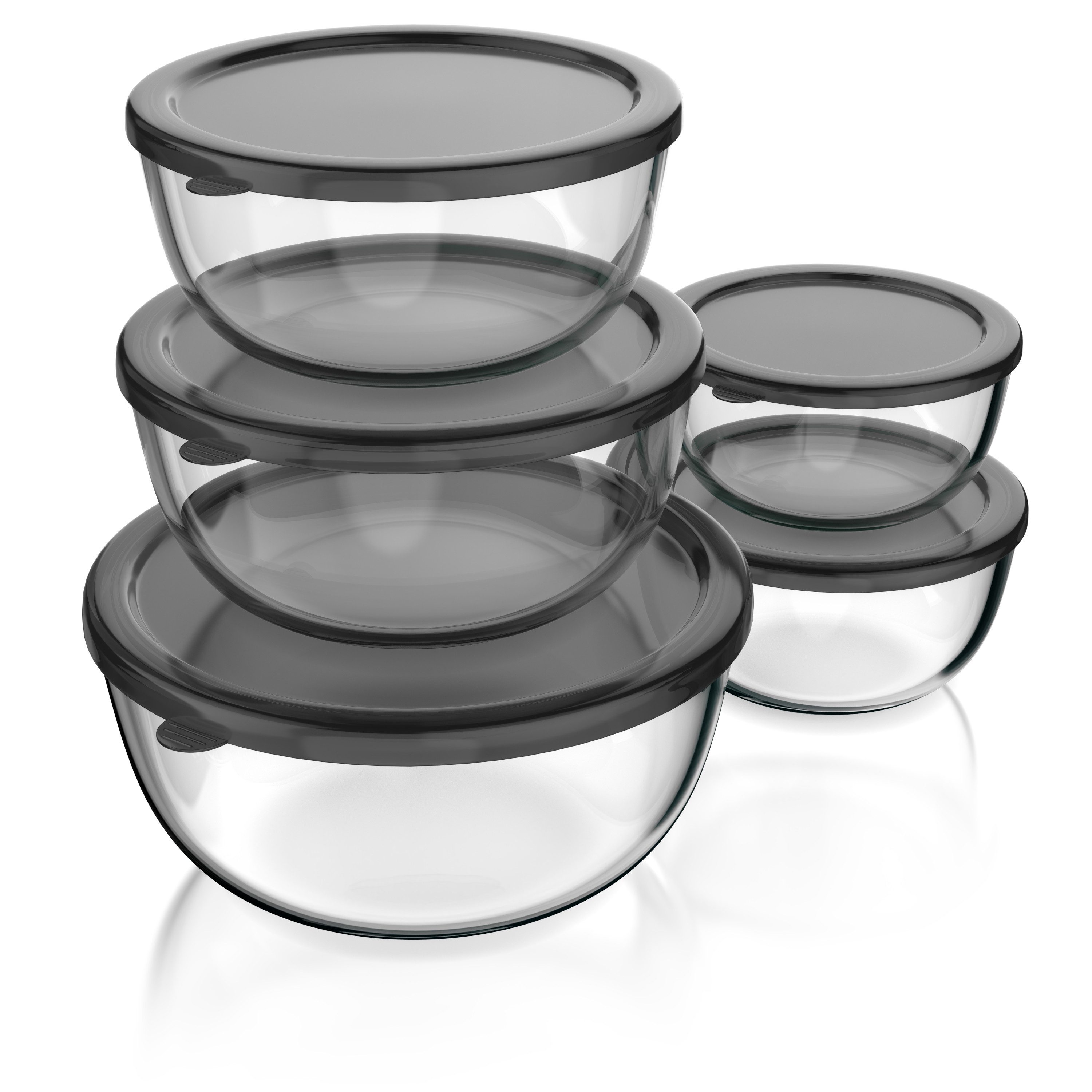 Arendo Salatschüssel 5x Glasschüsseln + Deckel 1L, 1,5L, 2L, 2,7L & 4,4L, Glas Rührschüssel, Glas, (5er Set, 5-tlg), Glasschale, BPA-frei, spülmaschinen- und mikrowellengeeignet