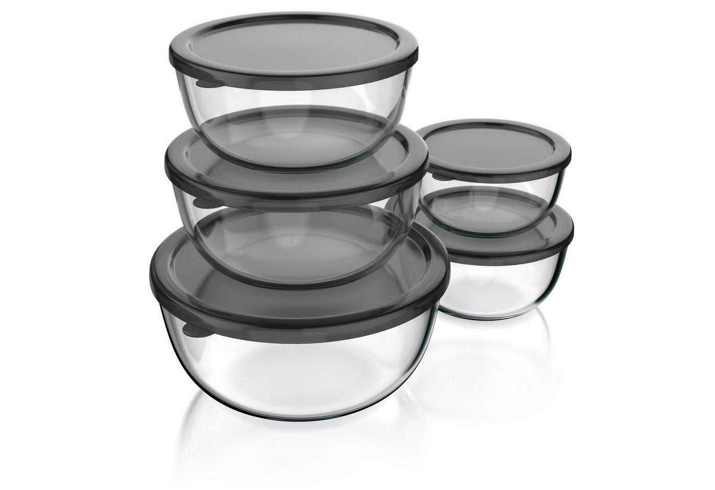 Arendo Salatschüssel 5x Glasschüsseln + Deckel 1L, 1,5L, 2L, 2,7L & 4,4L, Glas Rührschüssel, Glas, (5er Set, 5-tlg), Glasschale, BPA-frei, spülmaschinen- und mikrowellengeeignet