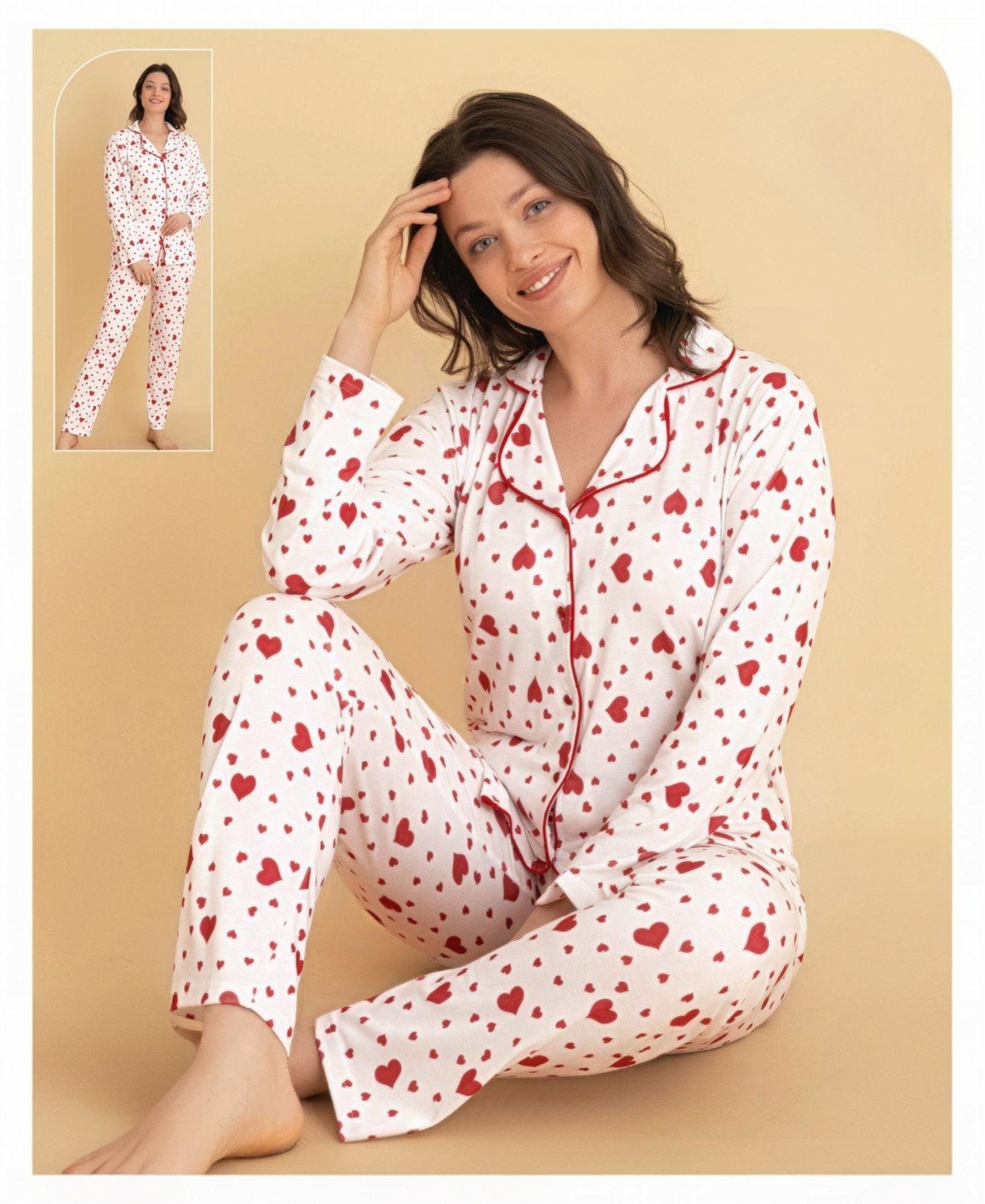 fashionshowcase Pyjama Damen Langarm-Schlafanzug weiß mit Herz-Design, Knop günstig online kaufen