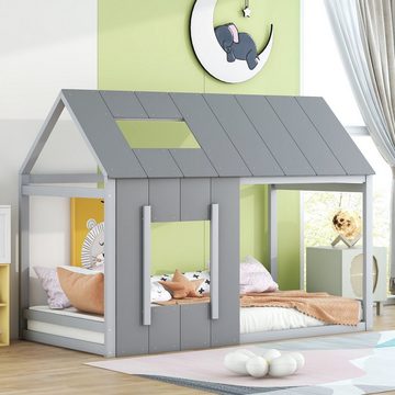 OKWISH Kinderbett 90 x 200 cm, Holzbett Hausbett Einzelbett (Kinderbett in Hausform, Einzelhaus-Flachbett mit Dach und Fenster), ohne Matratze