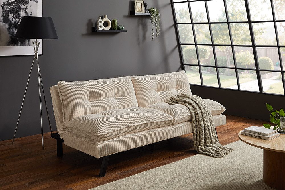 riess-ambiente Schlafsofa COCOONING 190cm beige- Cord, 3-Sitzer, Eukalyptusholz, flexibel, weich, Einzelartikel 1 Teile, Moderne Couch - ideal für kleinere Wohnräume, Apartments & Gästezimmer