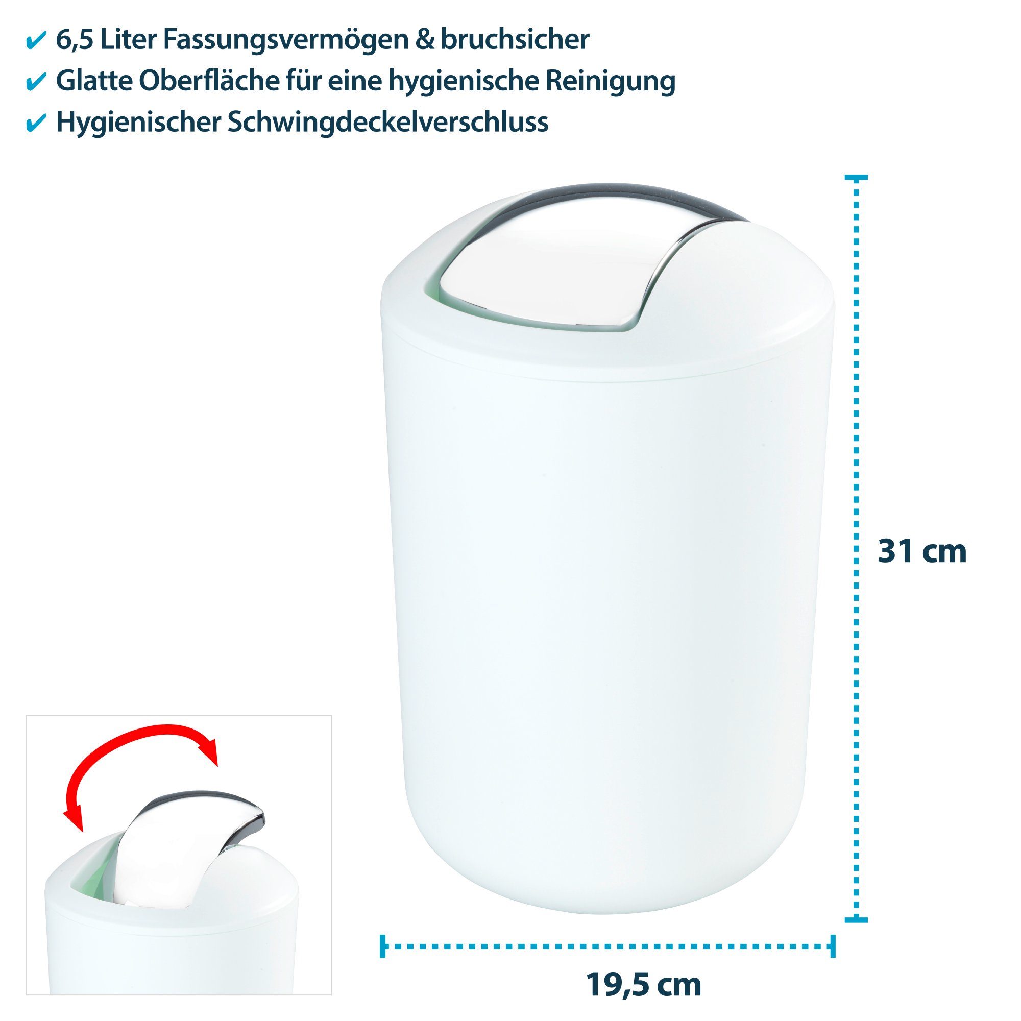 Kosmetikeimer Basera® Weiß Badmülleimer mit bruchsicher Liter Schwingdeckel, 6,5