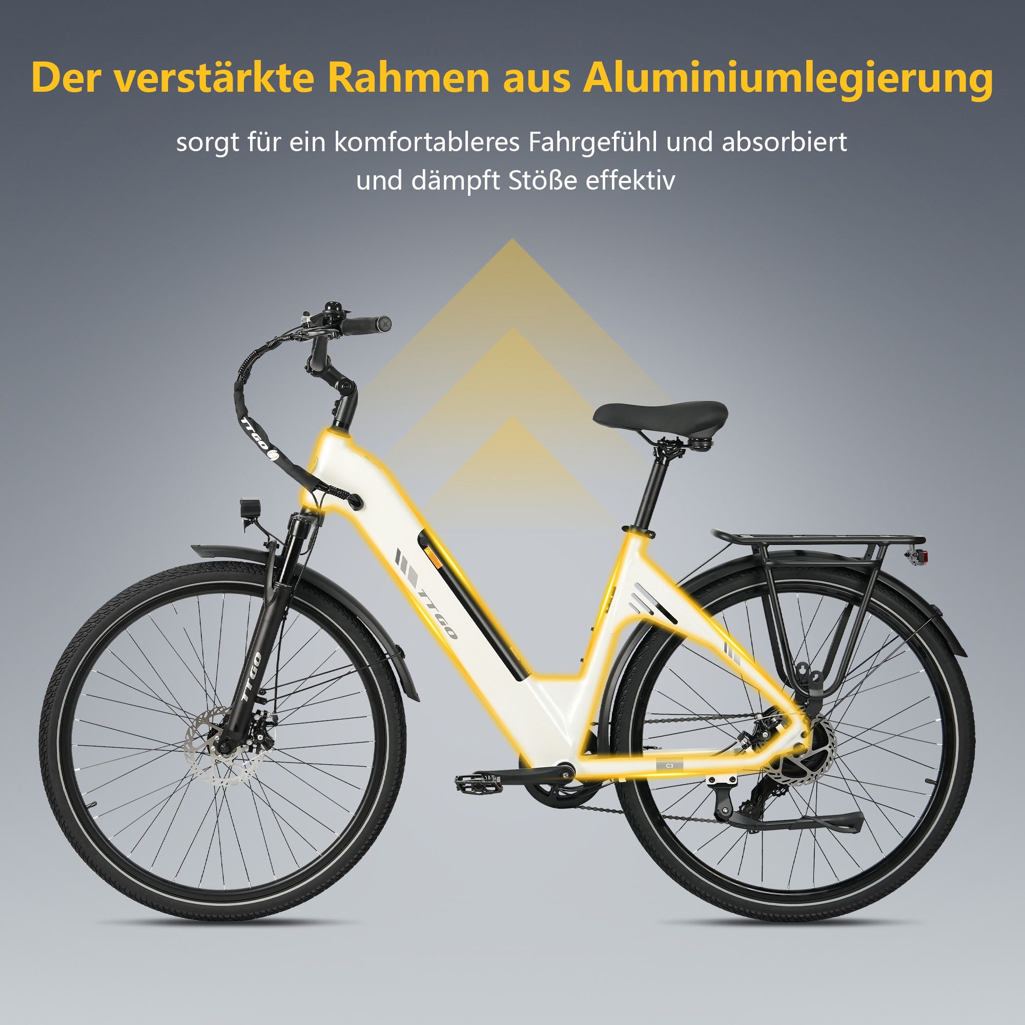 TTGO E-Bike Cityrad 28 x 2,0 Zoll, 120km, C3 SE, Elektrofahrrad mit Tiefeinsteiger-Rahmen, 7 Gang SHIMANO, Kettenschaltung, Heckmotor, 648 Wh, 5 Stufen, Leicht  – Bild 3 von 5