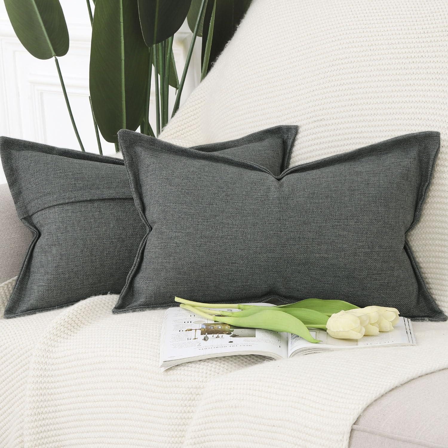 LuxusKollektion Kissenbezüge Kissenbezug 2er Set Imitationsleinen Dunkelgrau 40x80cm, (2 Stück)