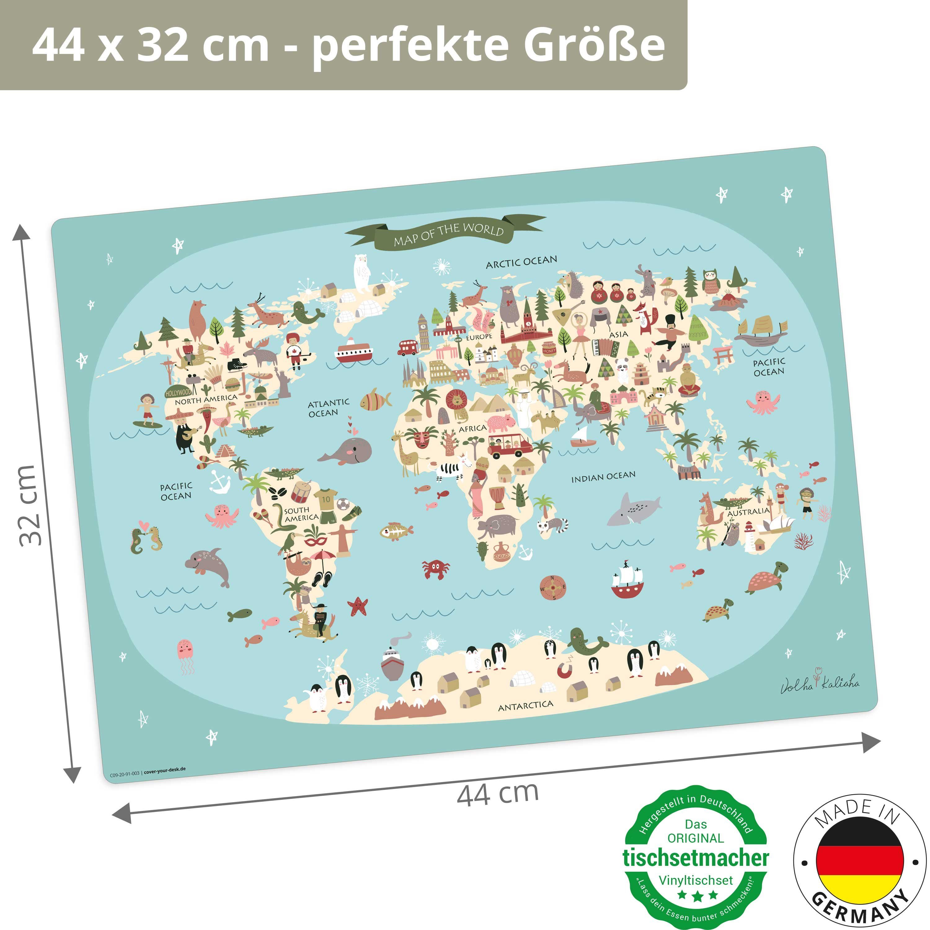 Tischsetmacher Platzset Tischset I Platzset abwaschbar - Für Kinder - Weltkarte, (aus erstklassigem Vinyl (Kunststoff - BPA frei), 1-St., 44 x 32 cm - rutschfeste Tischdekoration), Made in Germany