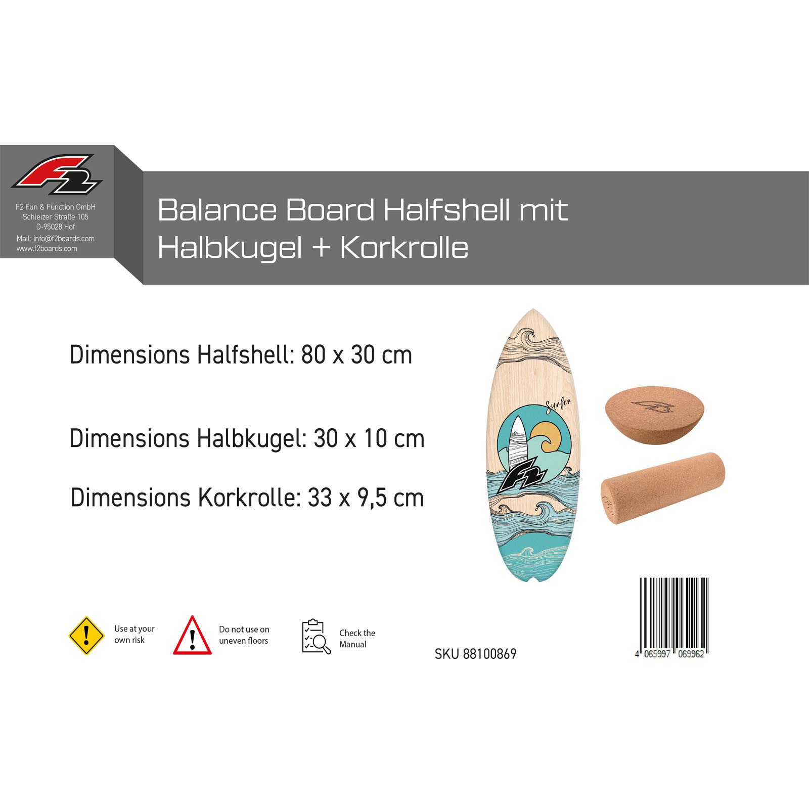 F2 Balanceboard F2 Set Balance Board Halfshell 80x30cm + Halbkugel und Korkrolle