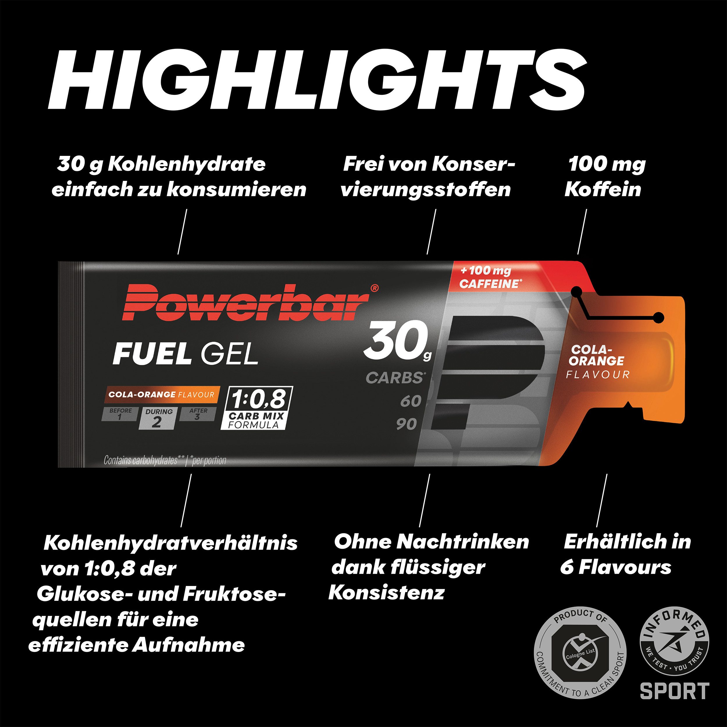PowerBar Kohlenhydratgel Fuel 30 Gel Black Line Cola-Orange Koffein 12 x 50 ml Gel, 24 er Display à 24 St., 600 ml, Kohlenhydrat-Formel von 1:0,8