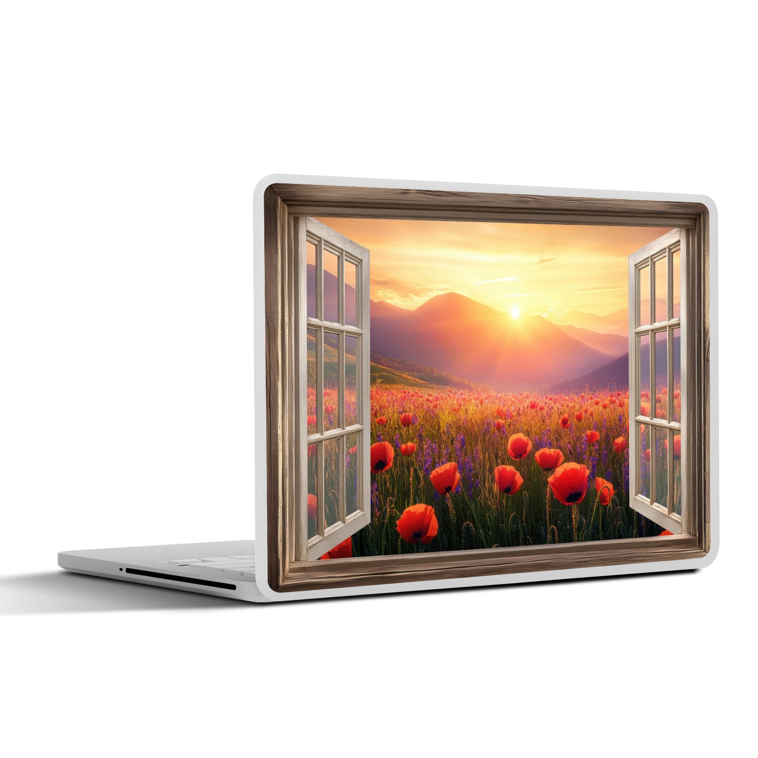 MuchoWow Laptop-Aufkleber Durchsichtig - Mohnblumen - Blumen - Rot - Offenes Fenster, (1tlg), Laptop Folien Cover, Aufkleber, Sticker, Schutz vor Kratzern, 30x21 cm
