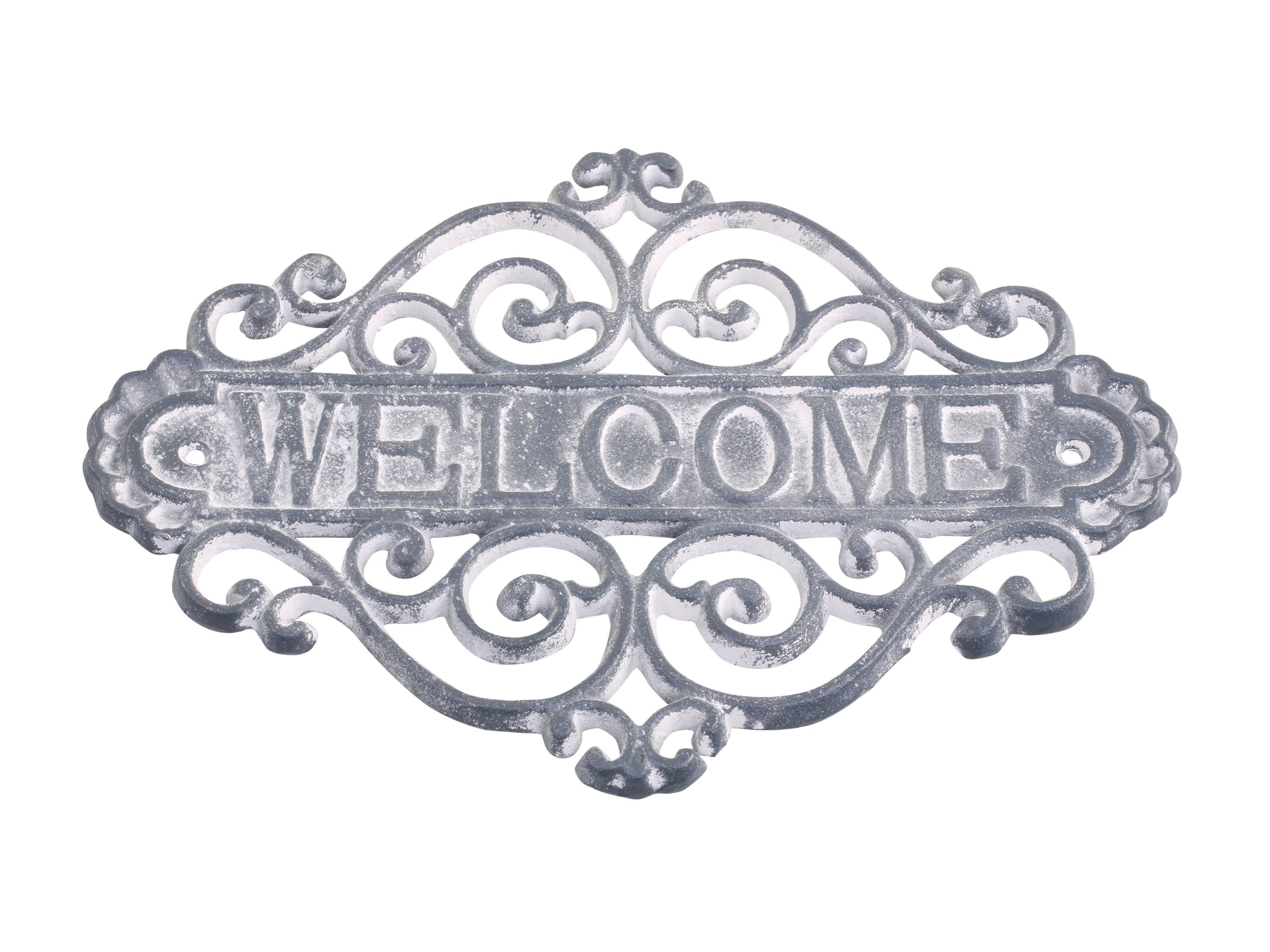 Chic Antique Wanddekoobjekt Türschild Welcome Gusseisen Shabby Look Wandschild 28 cm Dekoschild, Verspieltes Ornament Design für Landhaus und Vintage Deko