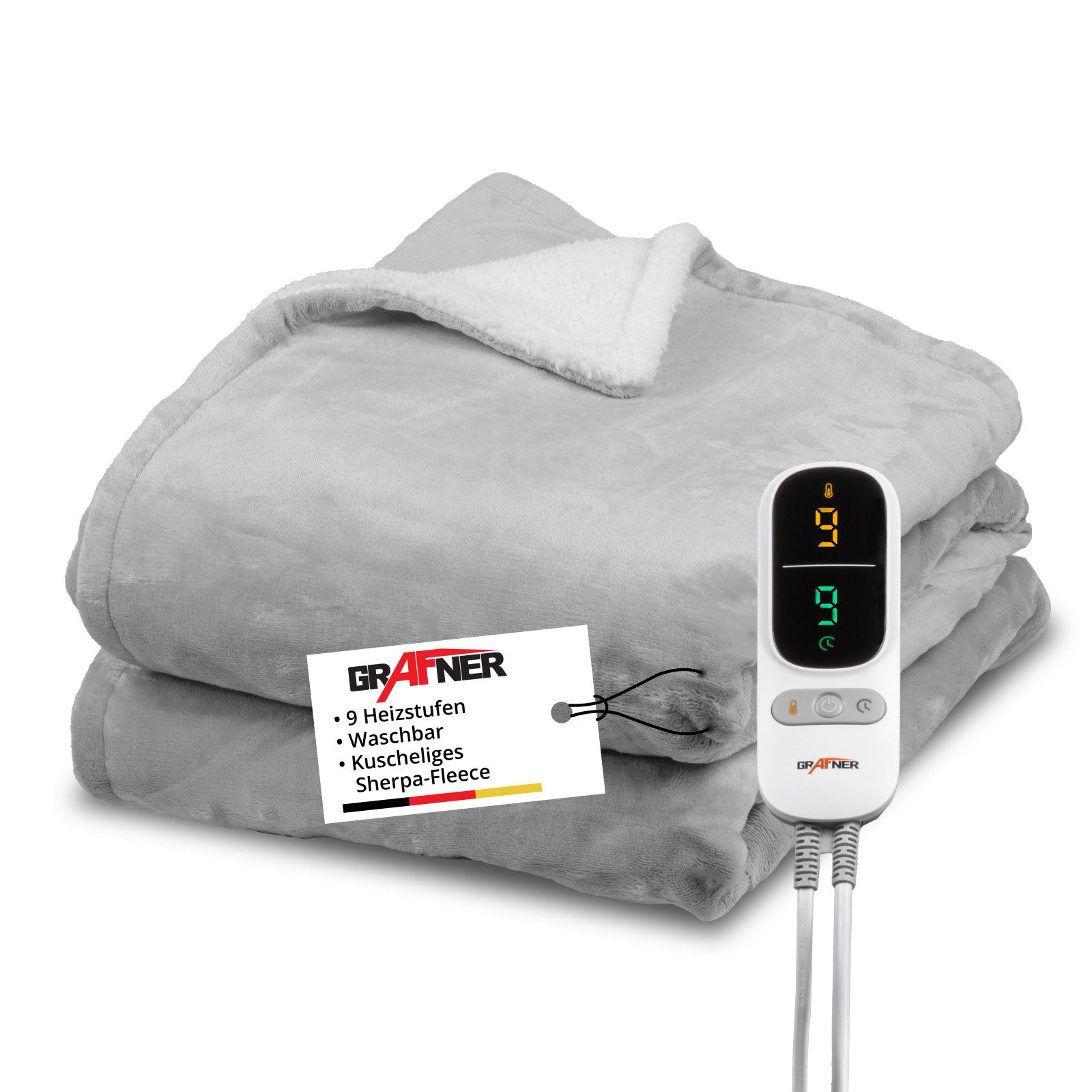 Grafner Heizdecke Wärmedecke Sherpa Fleece LED-Display 200x180cm Grau/Weiß, mit 9 Temperaturstufen Kuscheldecke Bett, Sofa