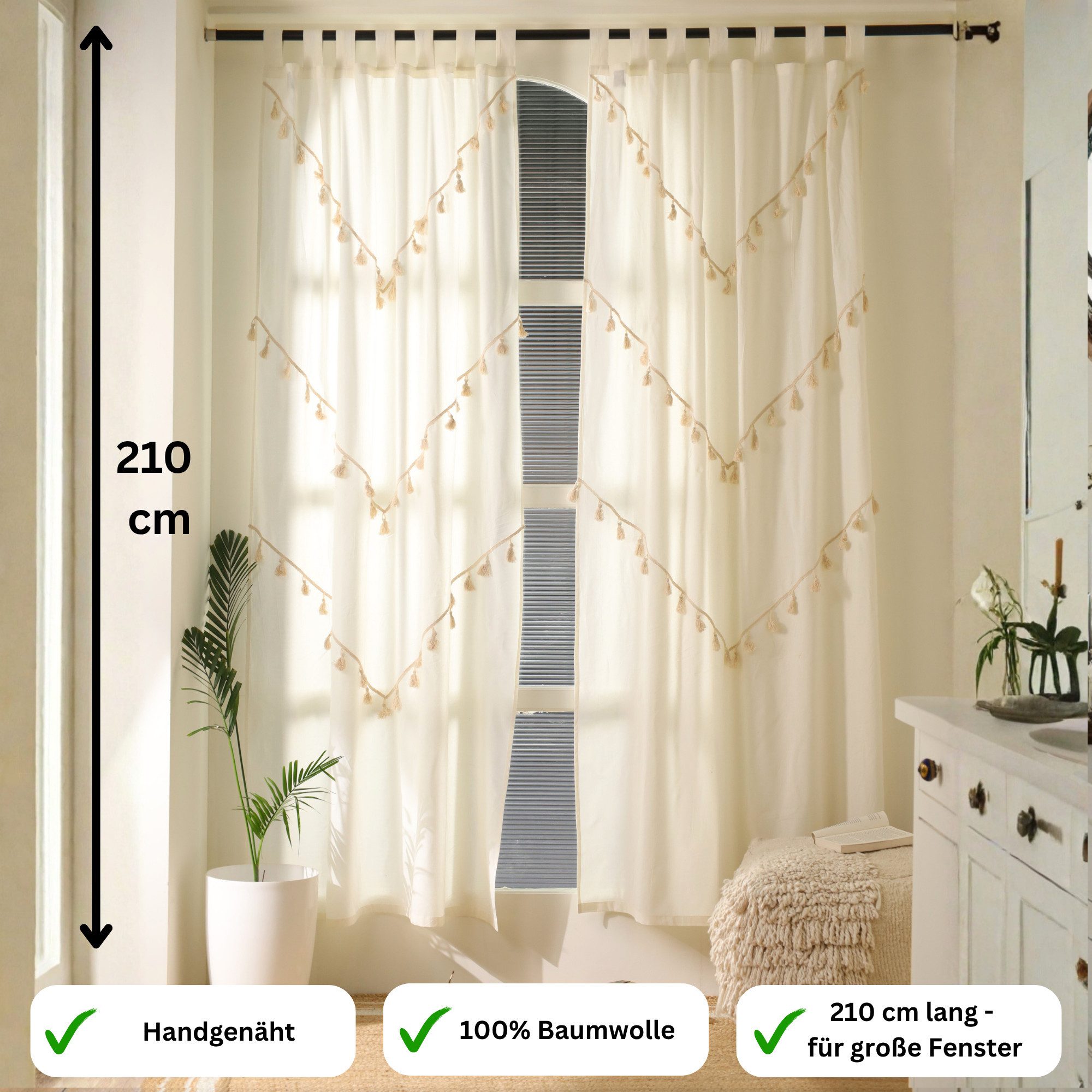 Karmandala Gardine Boho Vorhang mit Quasten Einfarbige Gardinen mit Fransen 2er-Set, Schlaufen, Moderne Boho Gardinen aus Baumwolle, Vorhang Set mit Aufhängesch – Bild 2 von 5