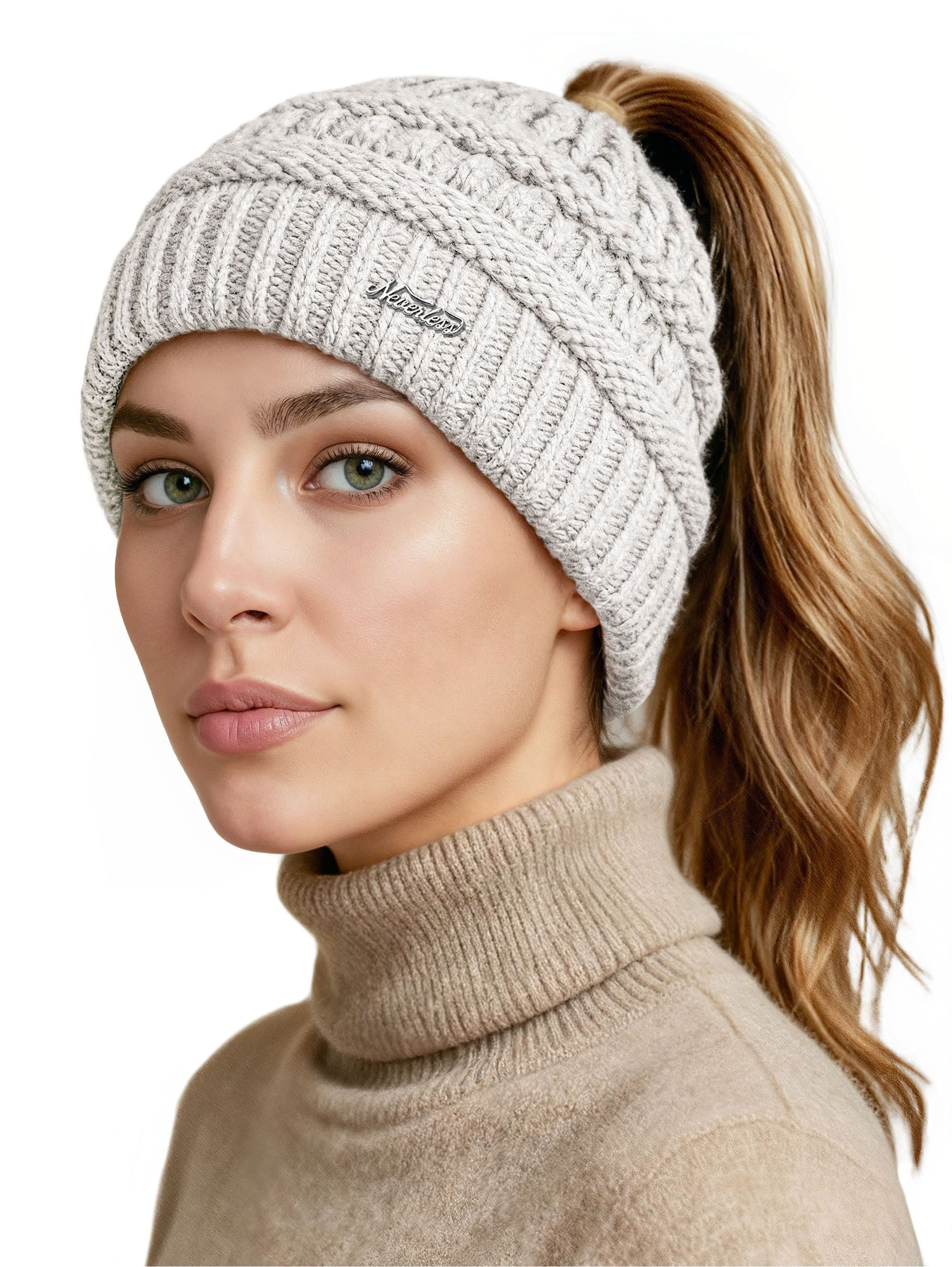 Strickmütze Damen Strickmütze Mütze Zopfloch Grobstrick Ungefüttert Wintermütze
