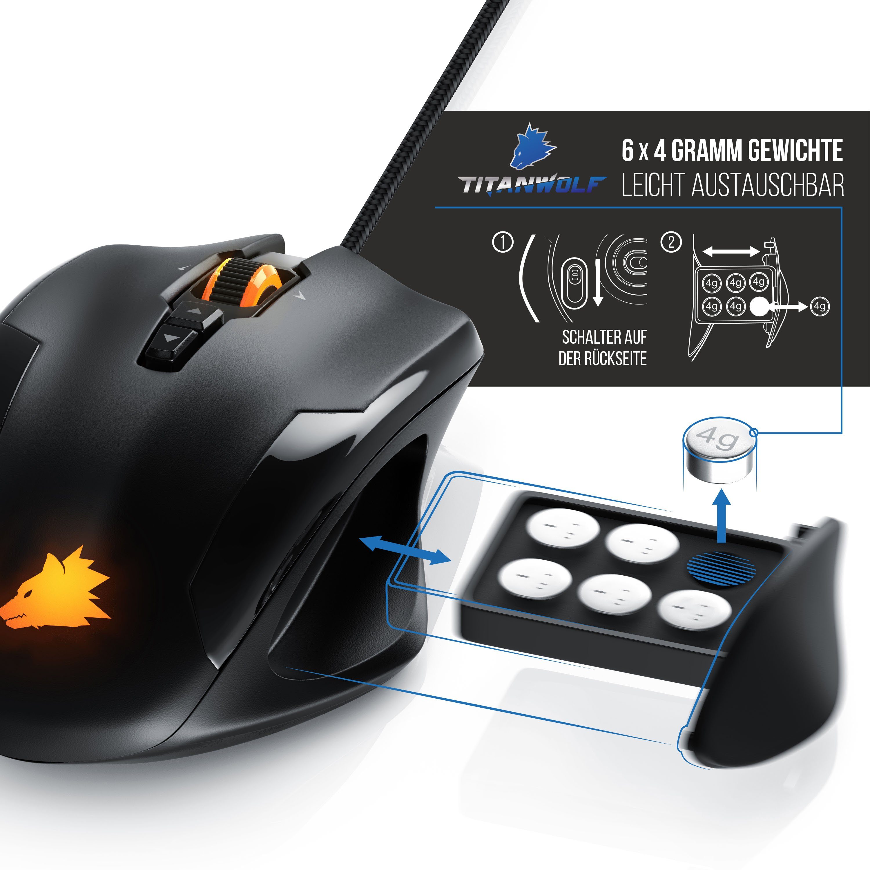 Titanwolf Gaming-Maus (kabelgebunden, 1000 dpi, Gaming Laser 10800dpi, LEDs, USB Mouse Gewichts-Justierung) RGB mit