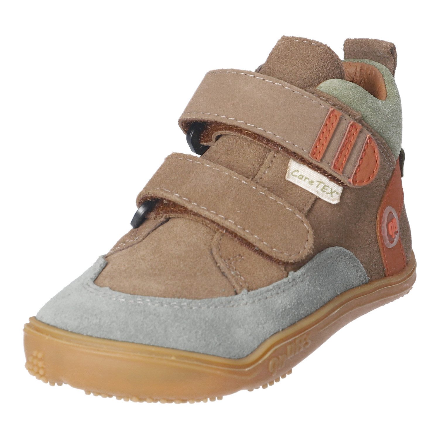 qnuffs Kastanie Barfußschuh Klettschuh, mit Namensschild an der Ferse, kürzbarer Klettriemen