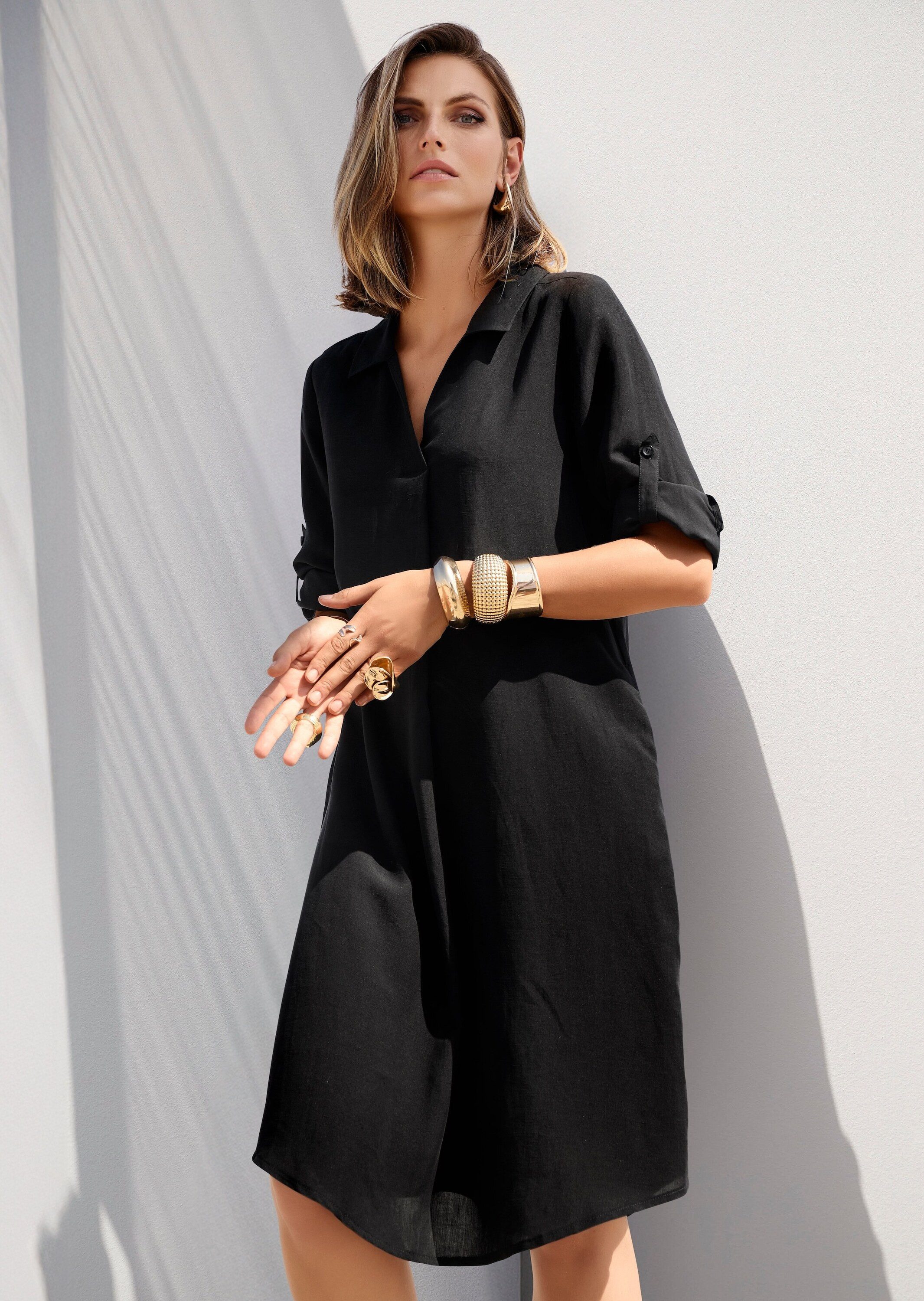 Midikleid Kleid mit Krempelärmeln in 3/4-Länge