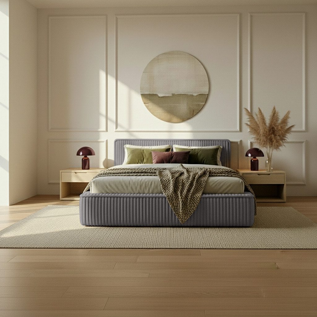 thematys Polsterbett mit Bettkasten, CLOUD 140x200 160x200 180x200 200x200cm (Kopfteil im Modernen-Look – weich, modern und pflegeleicht), hochwertiger Bouclé-Stoff in Ash, Weiß, Beige und Kreme, Inklusive Lattenrost: Holzrahmen,hochwertiger Stoff), hydraulische Klappfunktion für Stauraum