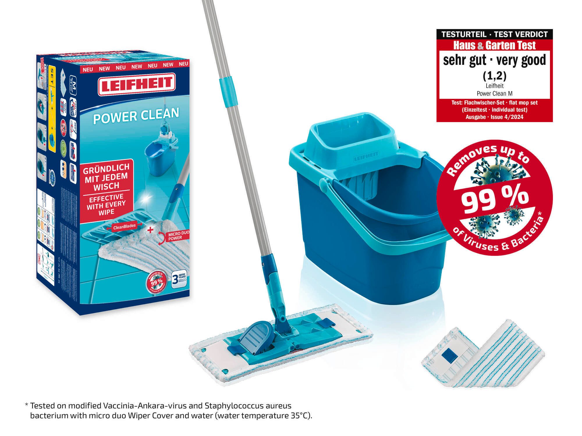 Leifheit Wischmopp Set POWER CLEAN mit 2x Ersatzbezug micro duo, (6-St), Waschbar bei 60°C, Wischbreite 33cm, 360° Gelenk, Arbeitshöhe 148cm