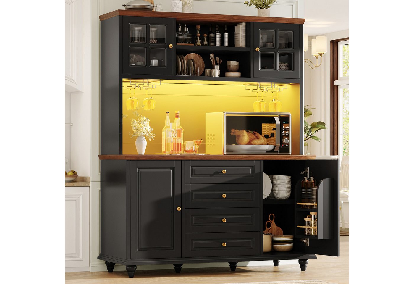 Flieks Küchenbuffet mit LED-Beleuchtung, Acryltüren, Gläserhalter, Gummibaumholz-Füße (B140xH179,5xT40 cm, 1-St., Arbeitsplatte in Walnussholzfarbe) Hochschrank Küchenschrank Highboard mit verstellbarer Ablagen Schwarz