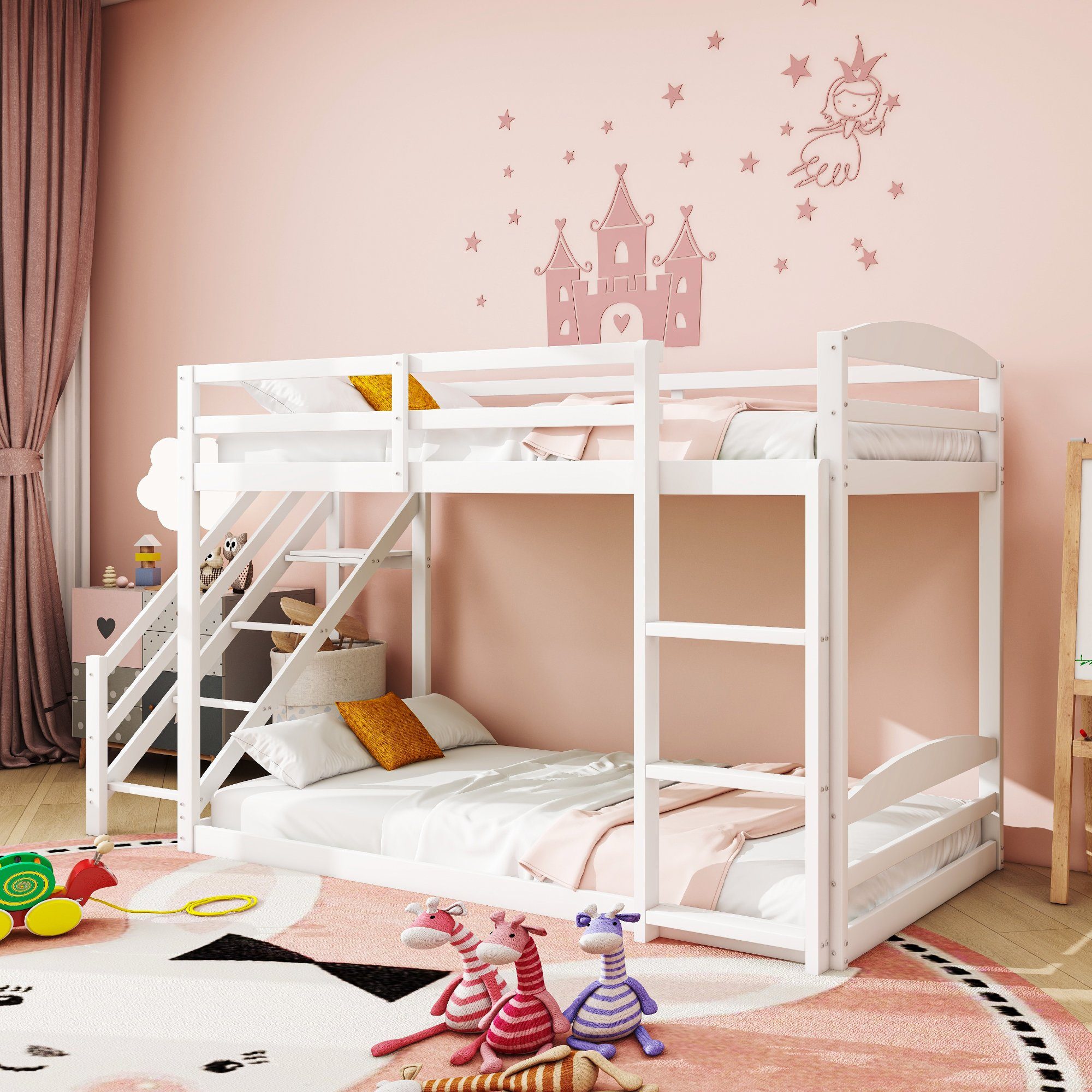 Massivholz, mit Ulife zwei Kinderbett Sicherheitstreppen, Weiß Etagenbett cm 90×200