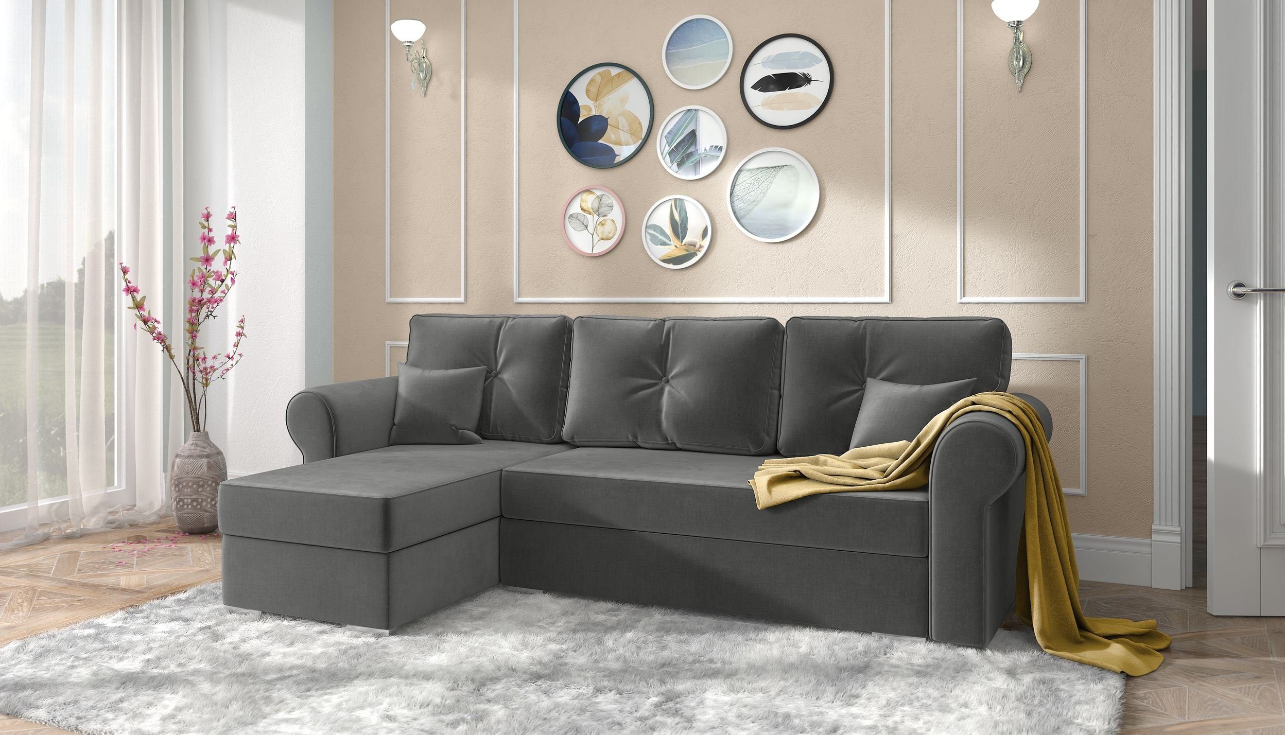 Stylefy Ecksofa Orco, L-Form, Eckcouch, mit Bettfunktion und Bettkasten, mane links oder rechts bestellbar, Modern Design, frei im Raum stellbar, inklusive Kissen | Ecksofas