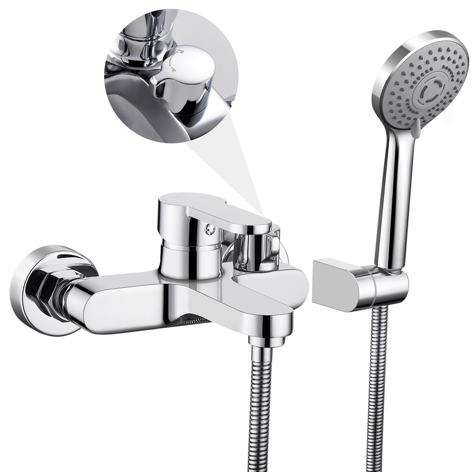 WOOHSE Badarmatur Badewannenarmatur wasserhahn badewanne 3 Funktionen chrom Badewanne Armatur aus Messing, Chrome, Duschset mit Armatur