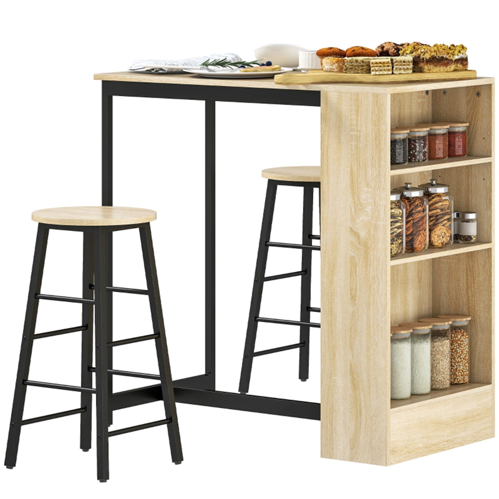 Bartisch mit Barhocker Set, 3-tlg. Bartisch-Set mit Küchentisch, Stauraum