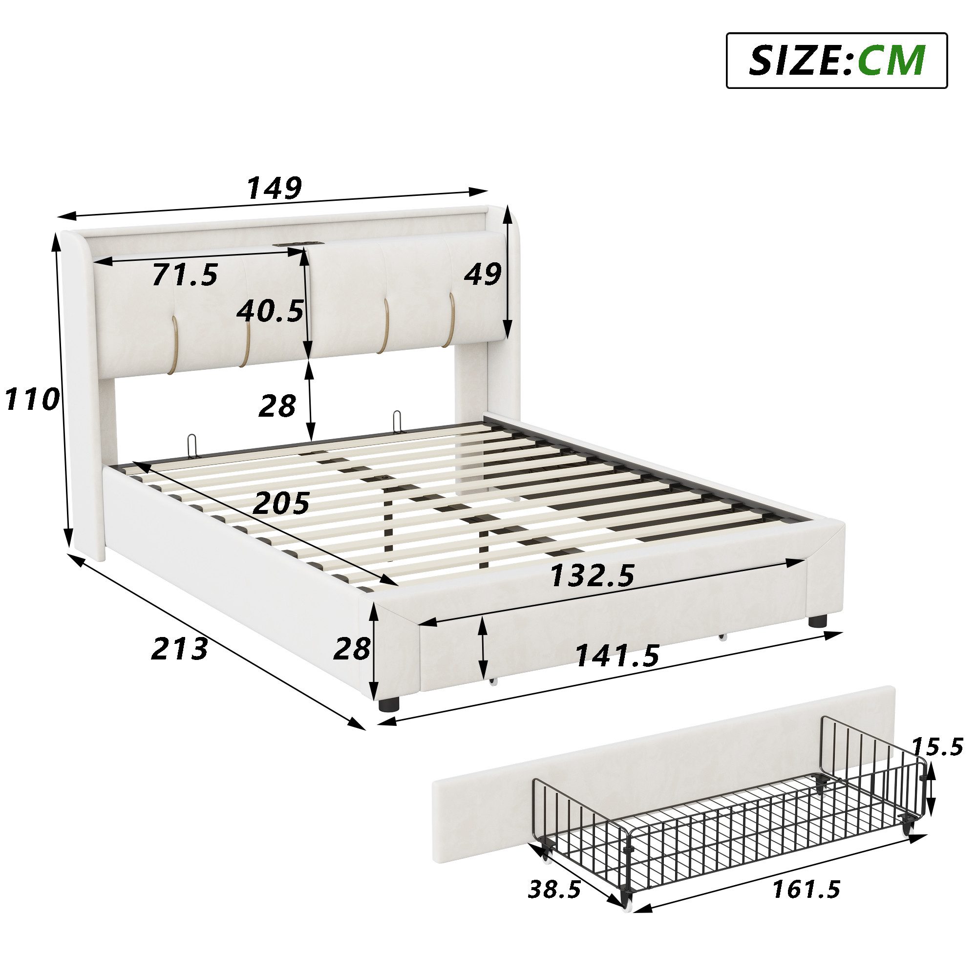 Furnishings Home Polsterbett 180 x 200 Doppelbett LED Hydraulisch anhebbarer Stauraumbett (Mit Lattenrost, Samt material Polsterbett), Modernes Jugendbett, Leis – Bild 5 von 5
