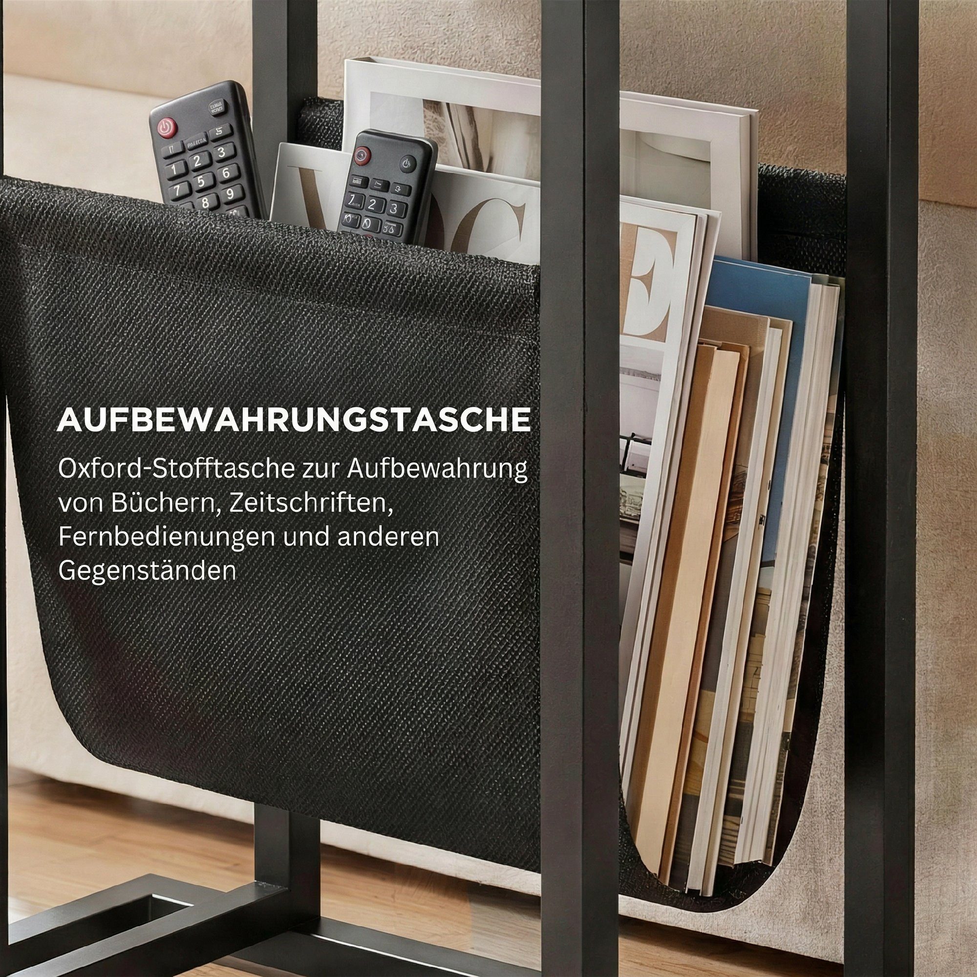 HOMCOM Beistelltisch Nachttisch mit Stofftasche, mit Stahlrahmen, Wohnzimmertisch (Set, 1-St., 1 Tisch), Mit Stofftasche für zusätzlichen Stauraum – Bild 5 von 5