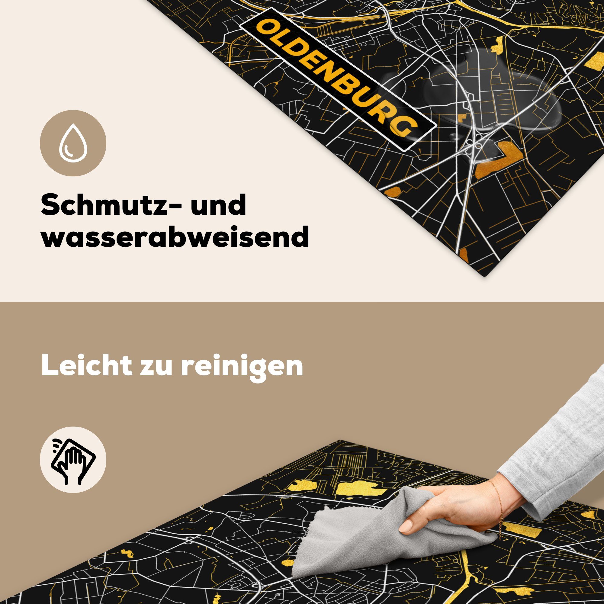Stadtplan Karte küche MuchoWow - Gold Ceranfeldabdeckung, Vinyl, 78x78 - Herdblende-/Abdeckplatte Arbeitsplatte - cm, (1 tlg), für Oldenburg, - Deutschland